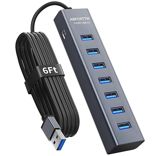6Ft 7-Port USB 3.0 Hub for Desktop, Aluminium USB Extender Hub 5Gbps, Multiport Adapter, Long Cable for Desktop, PC, Flash Drive, Mobile HDD, Windows/XPS, 1.8m - 6Ft - 7 USB-A