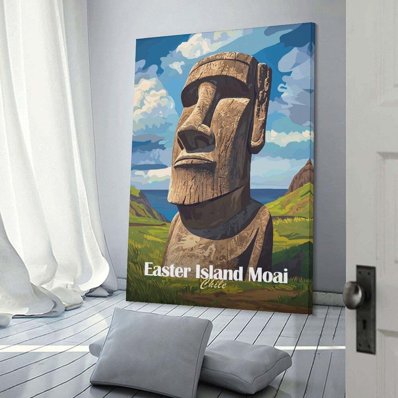 Junmoney Easter Island Moai Canvas Wall Picture, 20x30inch(50x75cm), for Wall Displays, Bedrooms Or Room Updates, Wall Decor Suited to Curated Displays