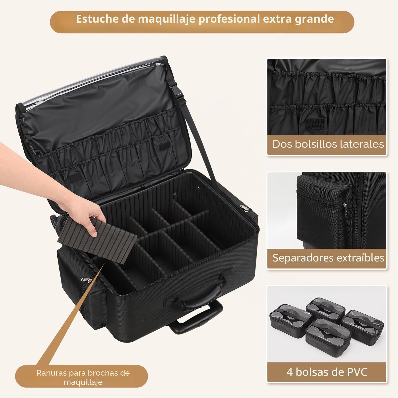 Maletín de cosméticos con ruedas, estuche profesional con divisor ajustable, maletín de maquillaje grande multifunción para técnico de uñas, peluquero, color negro, Negro , Maletín de cosméticos