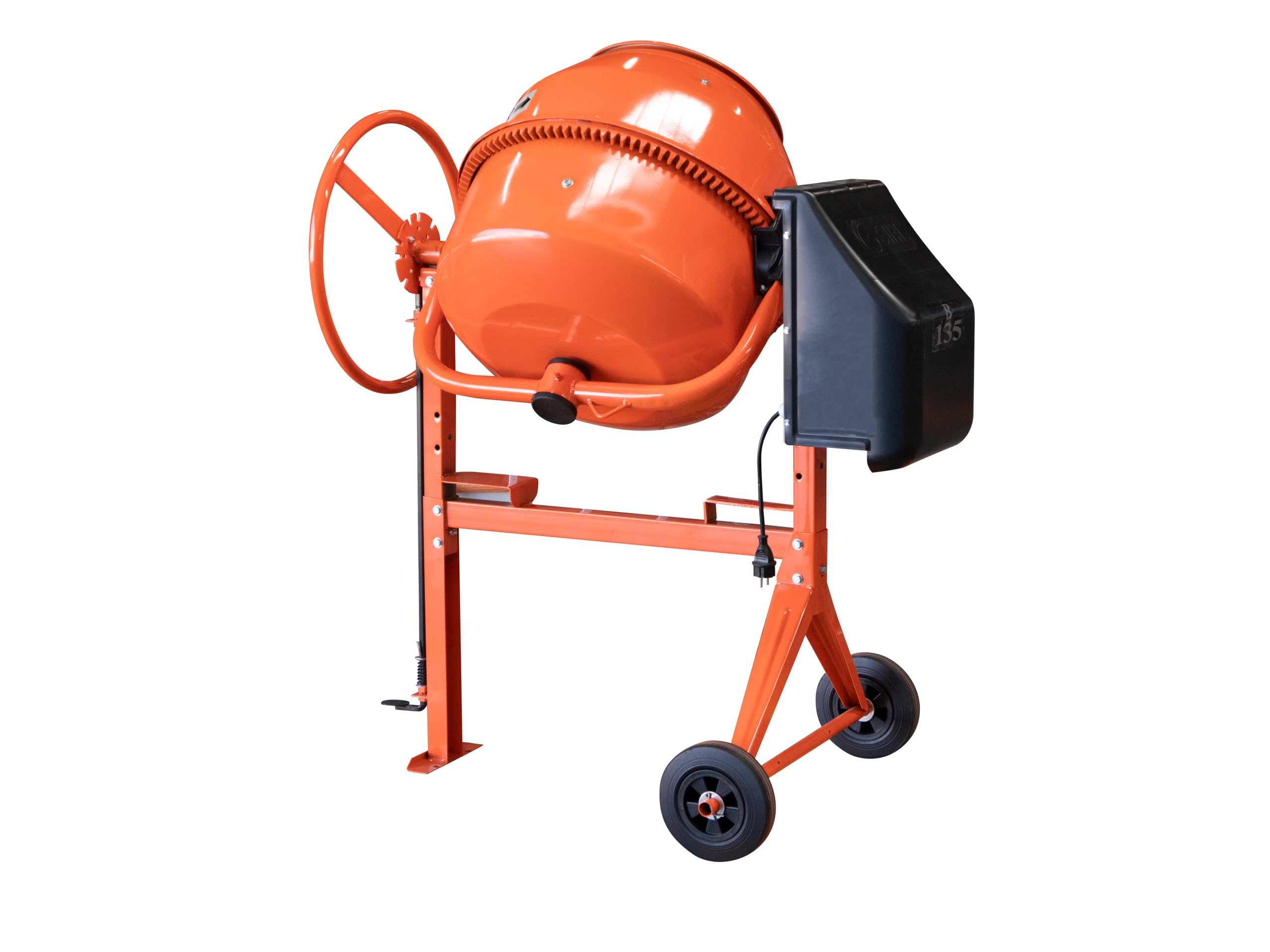 B135U Betonmischer 230V Mischmaschine Beton Zementmischer Mörtelrührer (125 Liter Trommelvolumen, 650 Watt Motorleistung, Zahnkranz aus Gusseisen, IP45, Fußbremse) orange