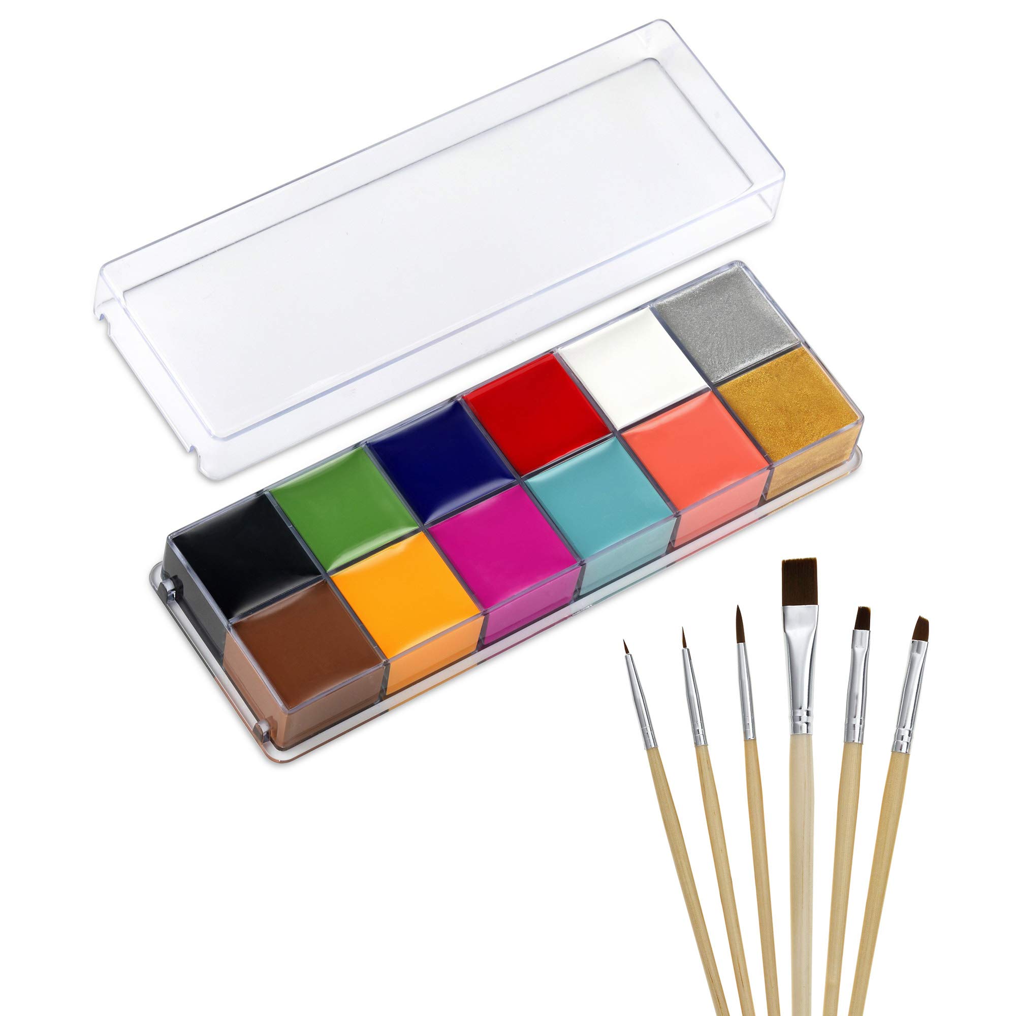 FANICEA Face Body Paint Oil Set 12 Colors New Professional SFX Hypoallergenic Non-Toxic Halloween Cosplay Party Artistic Fancy Makeup Kit with 6 Wooden Brushes for Adults, Kids