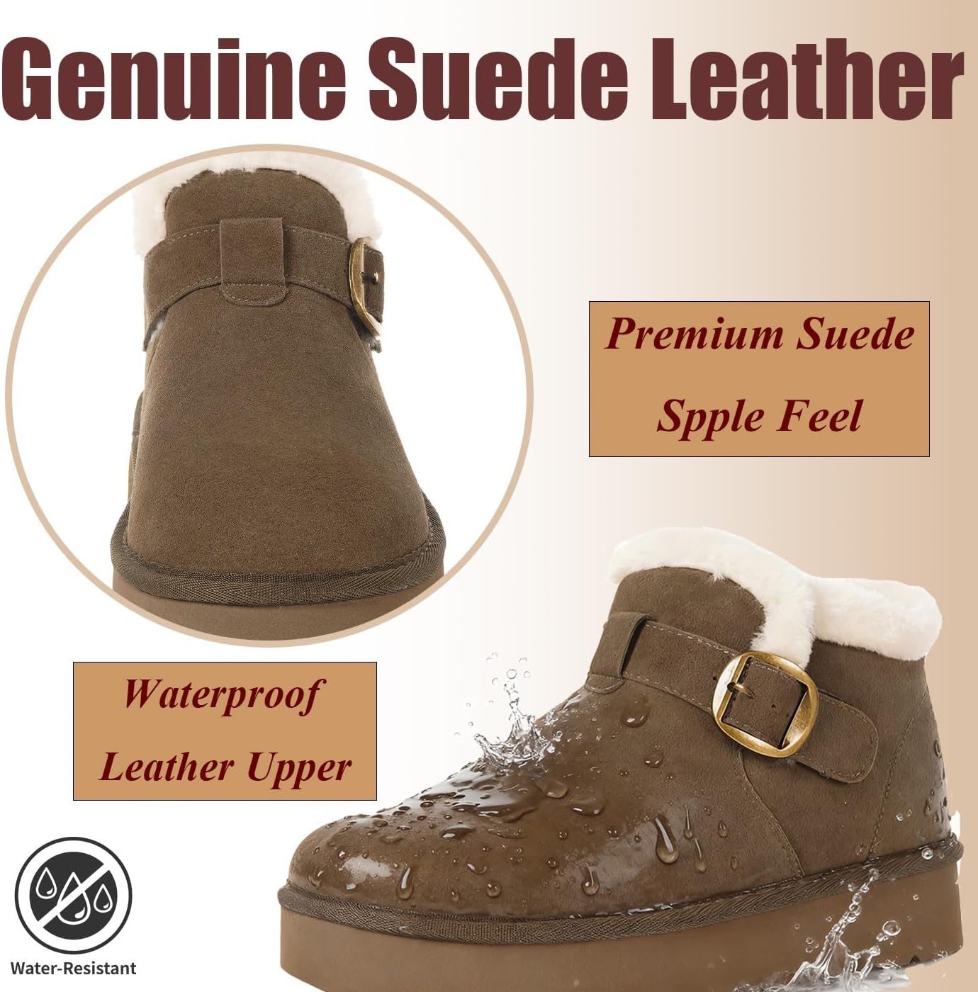 Hsyooes Womens Snow Boots Genuine Suede Leather Mini Boots Anti-Slip Outdoor Winter Ankle Booties Water Resistant Warm Faux Fur Lining