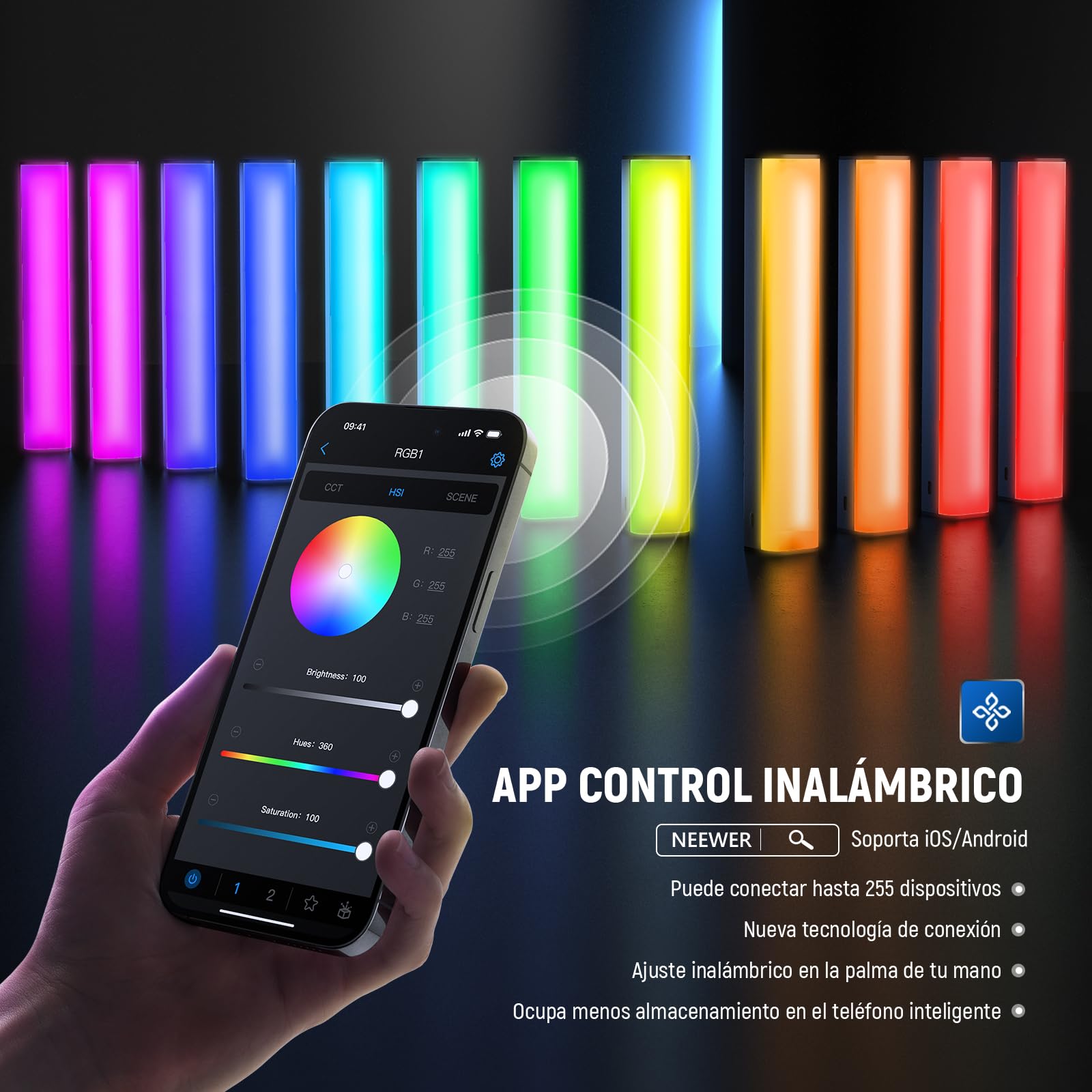 NEEWER RGB1 Tubo de Luz LED con Puerta, Handle, Barra Táctil/Control de Aplicación, Luz de Video RGB Magnética, 3200K-5600K CRI98+ Iluminación de Fotografía Regulable con 6400mAh Batería, 17 Escenas