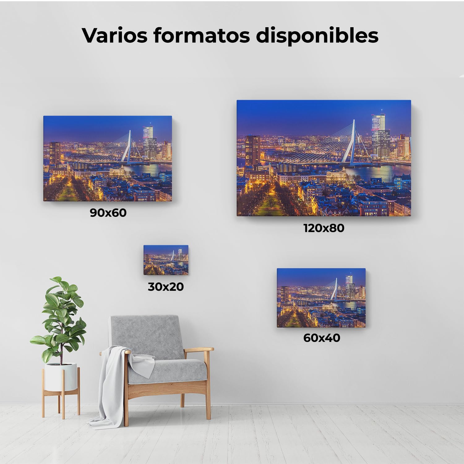 Artaza Cuadros Decoración Salón Modernos Skyline Rotterdam - 60x40 cm - Cuadros Decorativos Ciudad - Decoración Pared Puente - Lienzo Nocturno