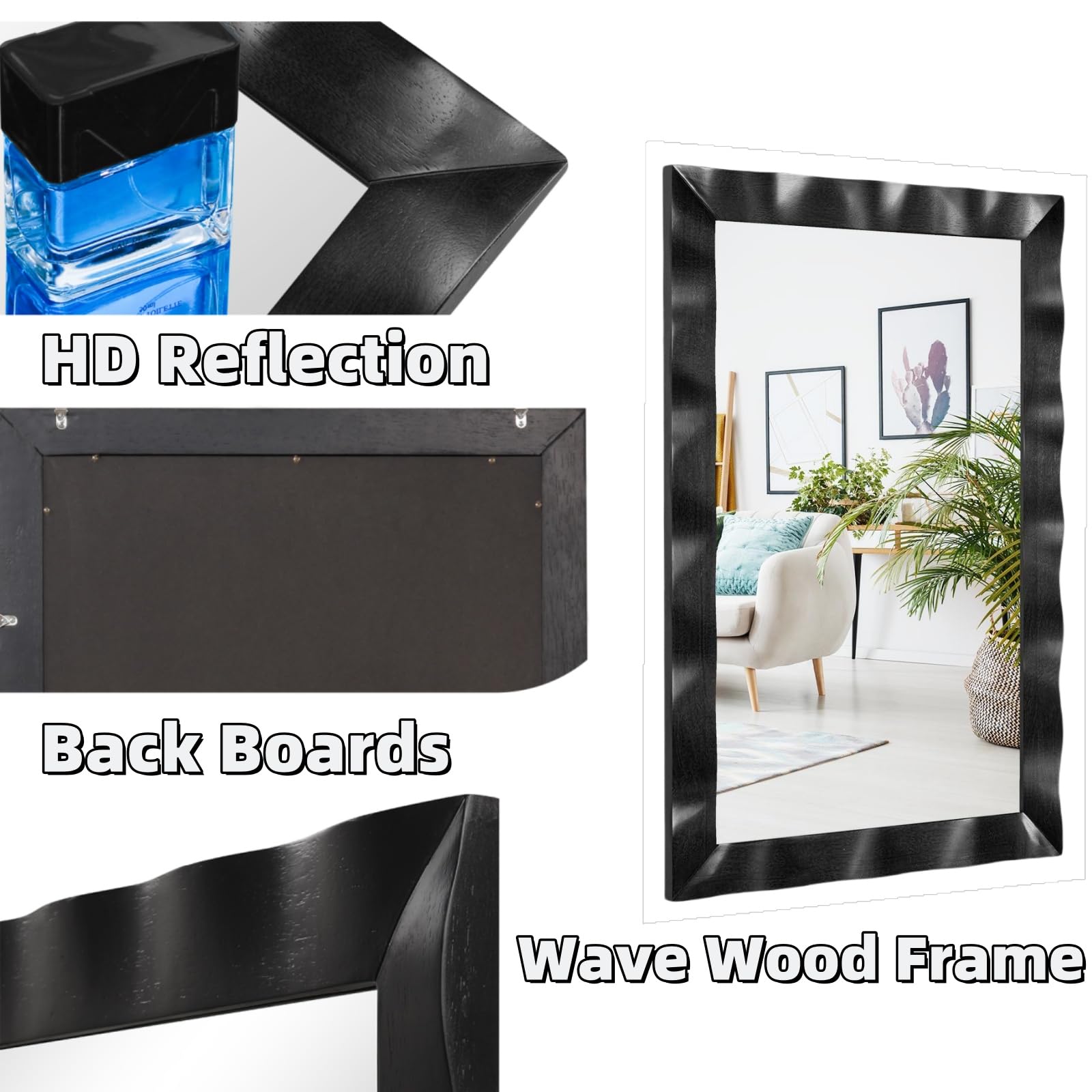 LIFEZEAL Specchio da Parete, 106x71,5 cm, Specchio con Cornice in Legno di Gomma, Specchio Ingresso Moderno, Specchio Rettangolare da Camera da Letto, Specchi Con ganci a 2 Vie (nero)
