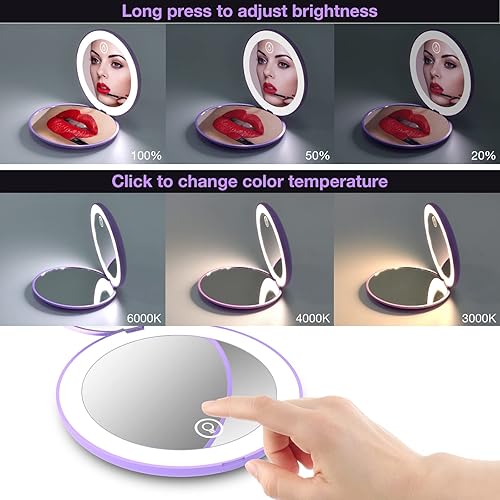 Miniatura 41 de WOBSION Espejo de viaje con luz, espejo de aumento compacto recargable 1x/10x, espejo de bolsillo regulable, tamaño de viaje de 3.5 pulgadas, Rosa