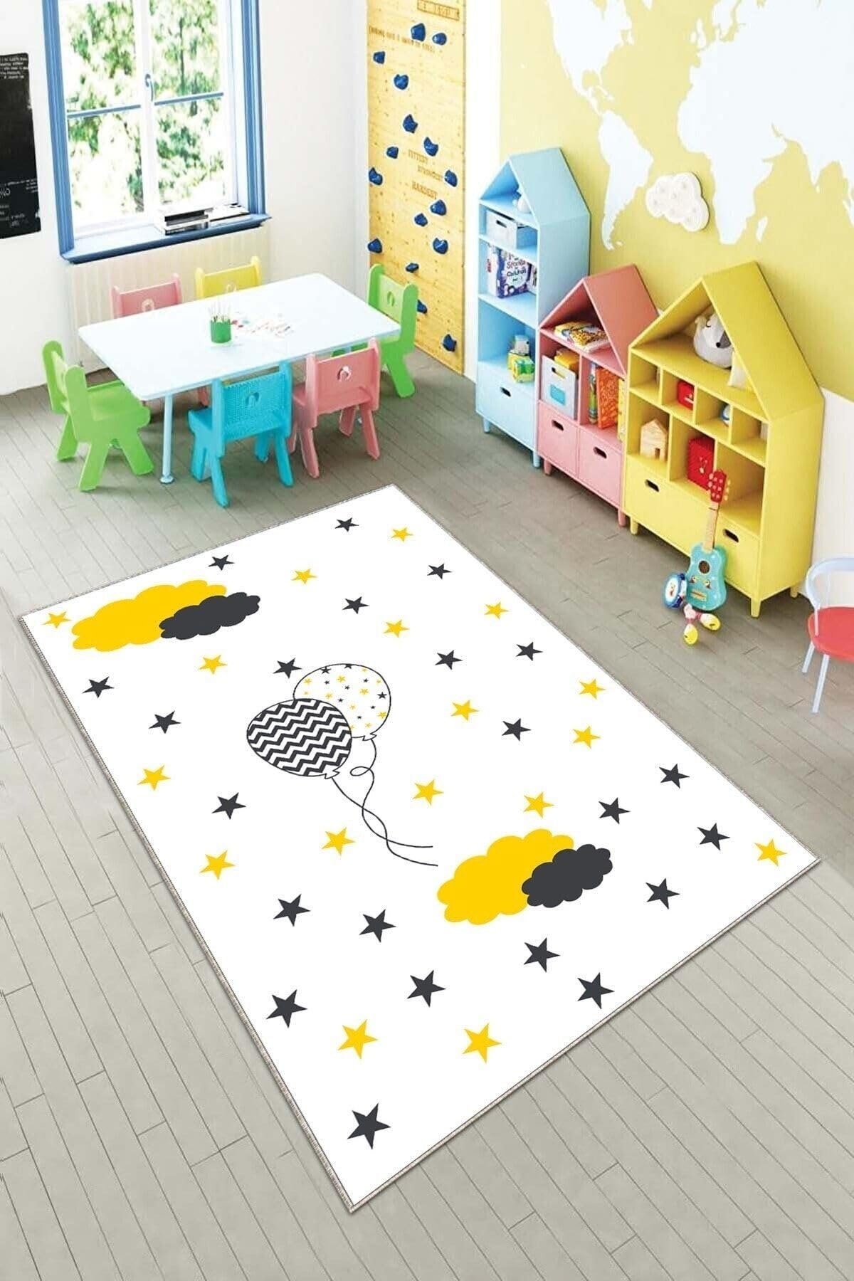 Pelangi Beyaz Balon Ve Bulut Desenli Yıkanabilir Kaymaz Taban Leke Tutmazbebek Ve Çocuk Odası Halısı, Beyaz 120 x 200