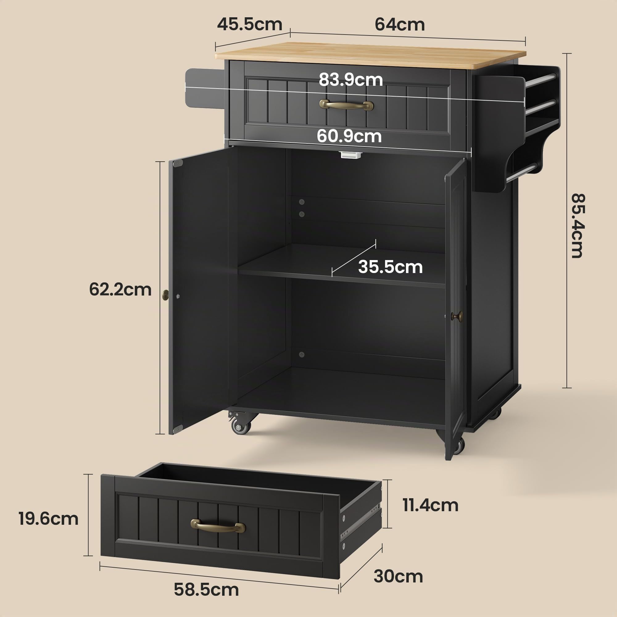 Bealife Isla de Cocina con Ruedas, Carro de Cocina con Cajón, Armario, Estante Lateral para Especias y Toallero, Mueble Auxiliar de Almacenamiento para Comedor (Negro)