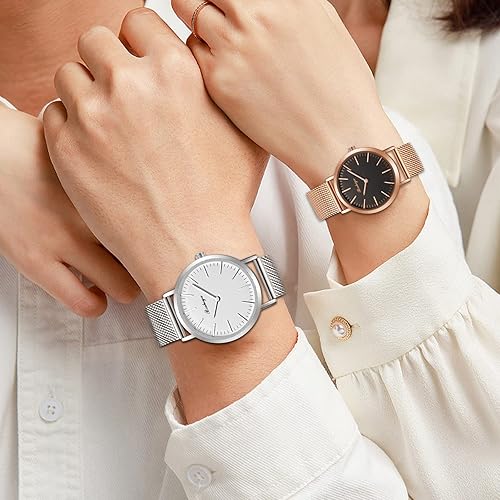 Miniatura 8 de BOSHIYA Relojes para mujer Easy Reader de 1.181 in de acero inoxidable con banda de expansión plateada dorada para mujer, reloj de pulsera pequeño