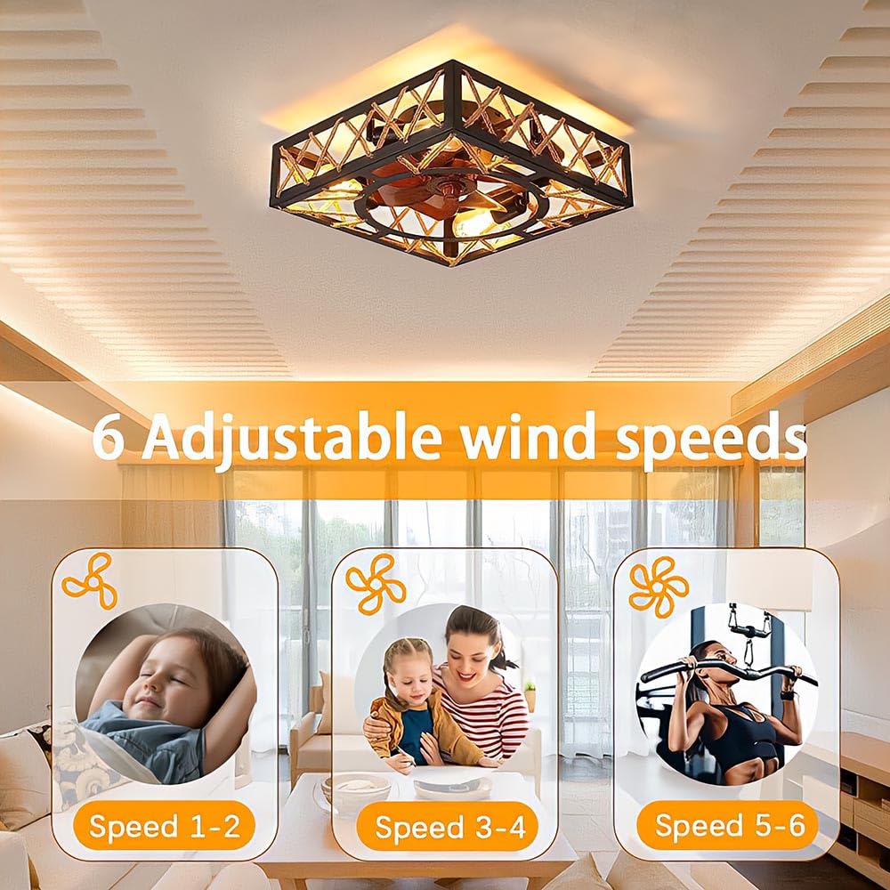 KZT Plafoniera Con Ventilatore A Soffitto Retro, 6 Velocità Con Telecomando, Silenzioso, Attacco E27 (Lampadine Non Incluse), Per Soggiorno E Cucina