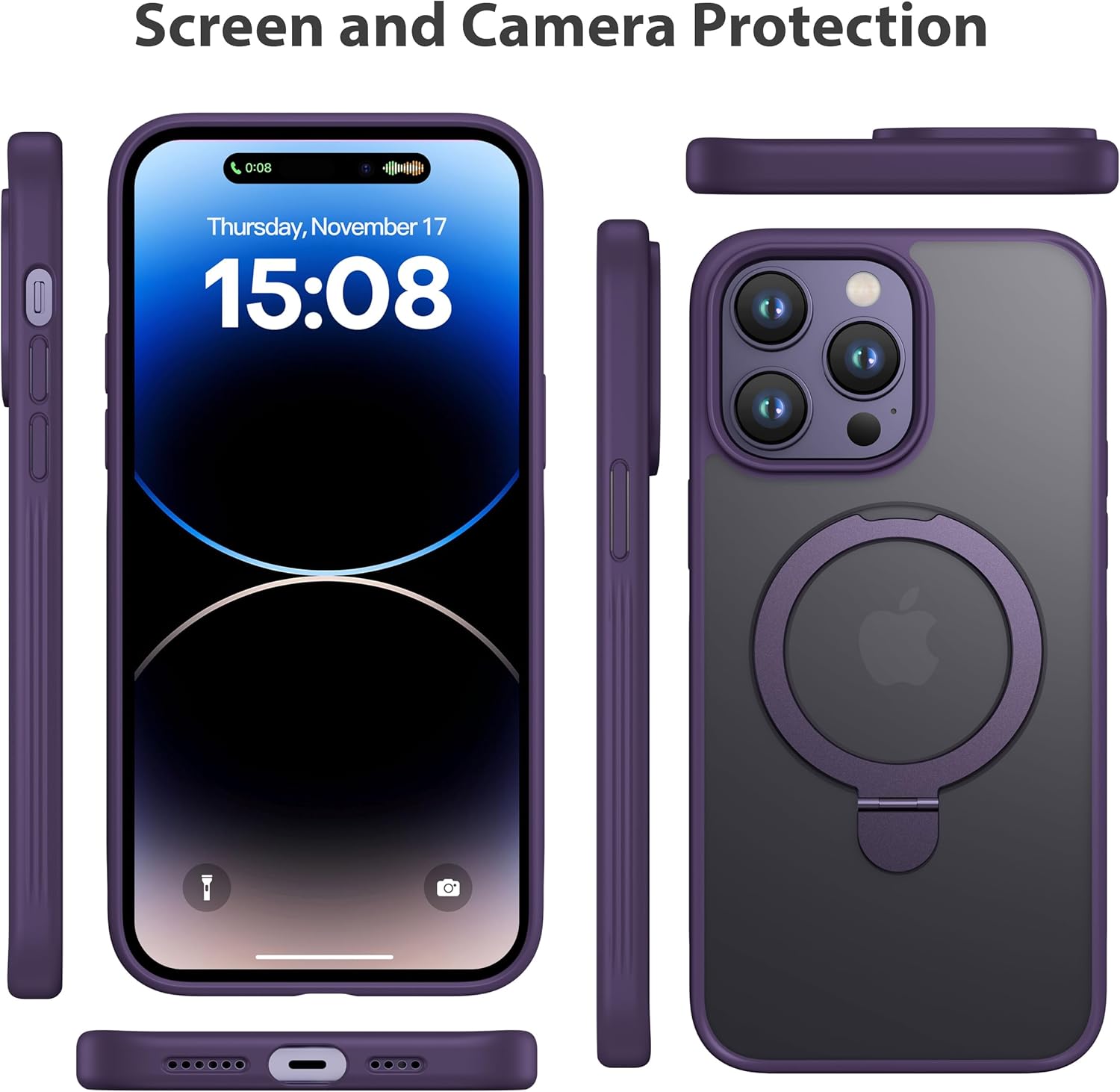 CellEver Strong Magnetic for iPhone 14 Pro Max Case with Ring Stand [Military Grade Drop Tested] [Compatible with MagSafe] Slim Translucent Matte Phone Case (6.7") - Deep Purple