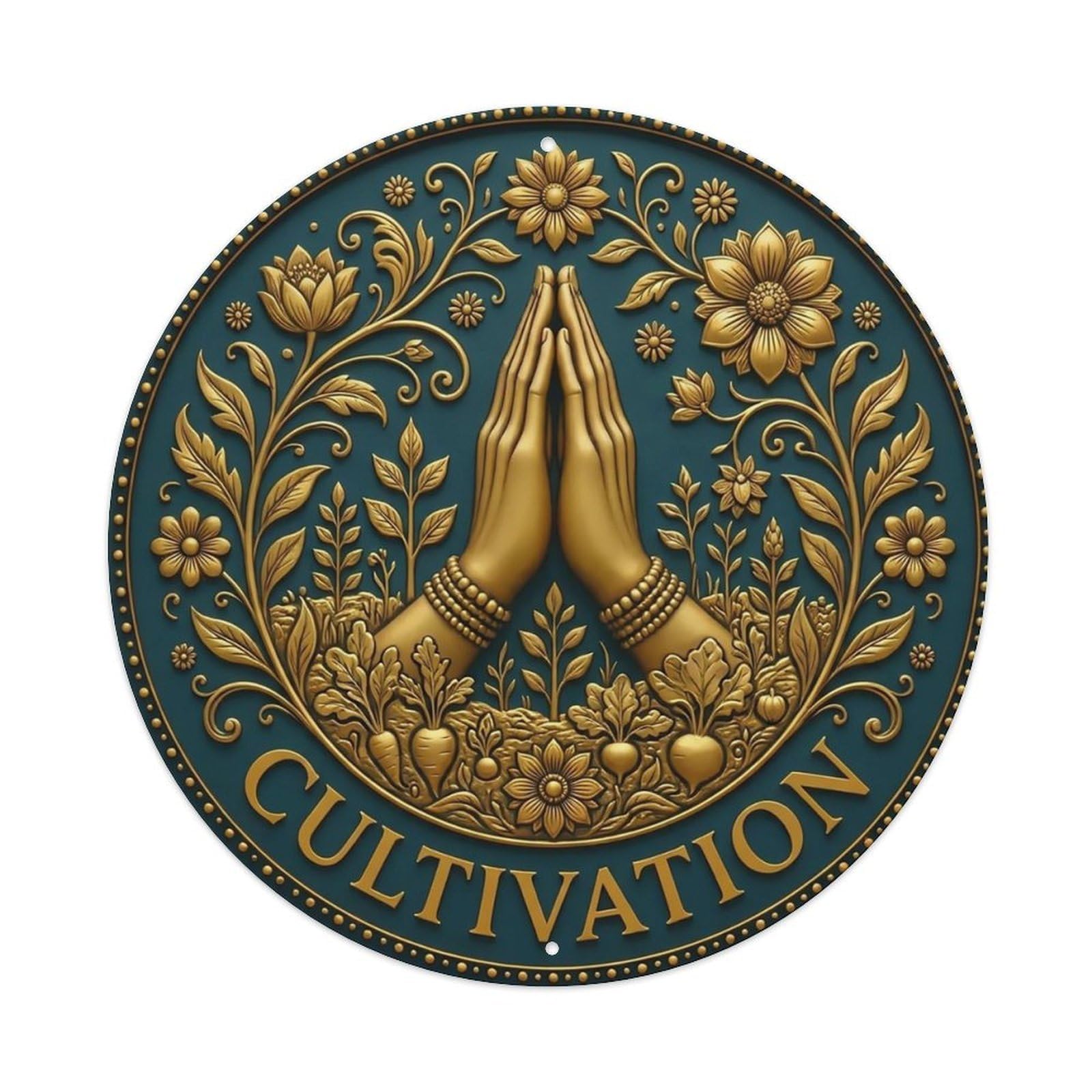 Vintage Namaste Praying Hands Cultivation Flower Zen Yoga Metal Tin Sign