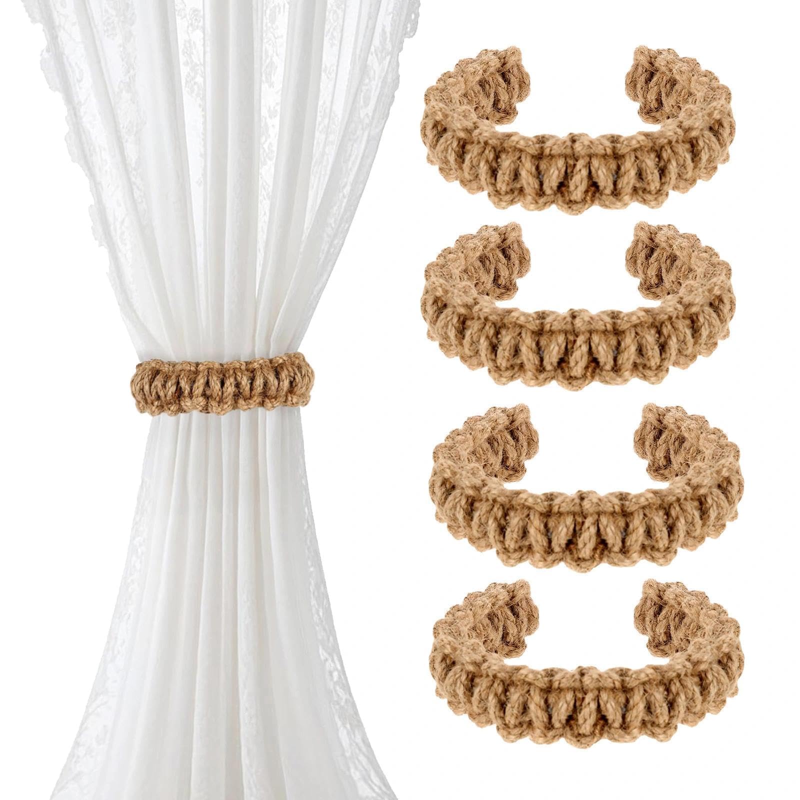 Lot de 4 Crochets de Rideaux tressés bohèmes, Articles de Maison élégants et compacts, Accessoires de Rideaux rustiques élégants, Accessoires décoratifs Faits à la Main pour Maison/Chambre à Coucher