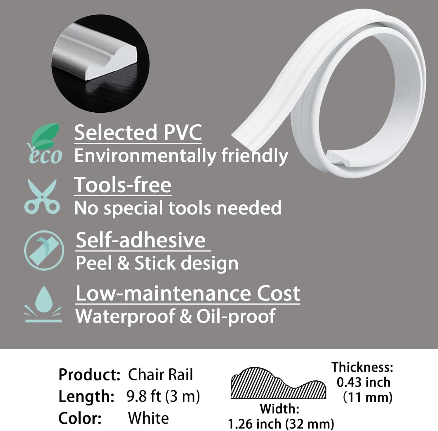 Flexible Wall Molding Trim & Chair Rail | Peel and Stick Self-Adhesive Panel Moulding | DIY Home Decor on The Cabinet Door Mirror Frame, 9.8ft x 1.3 in