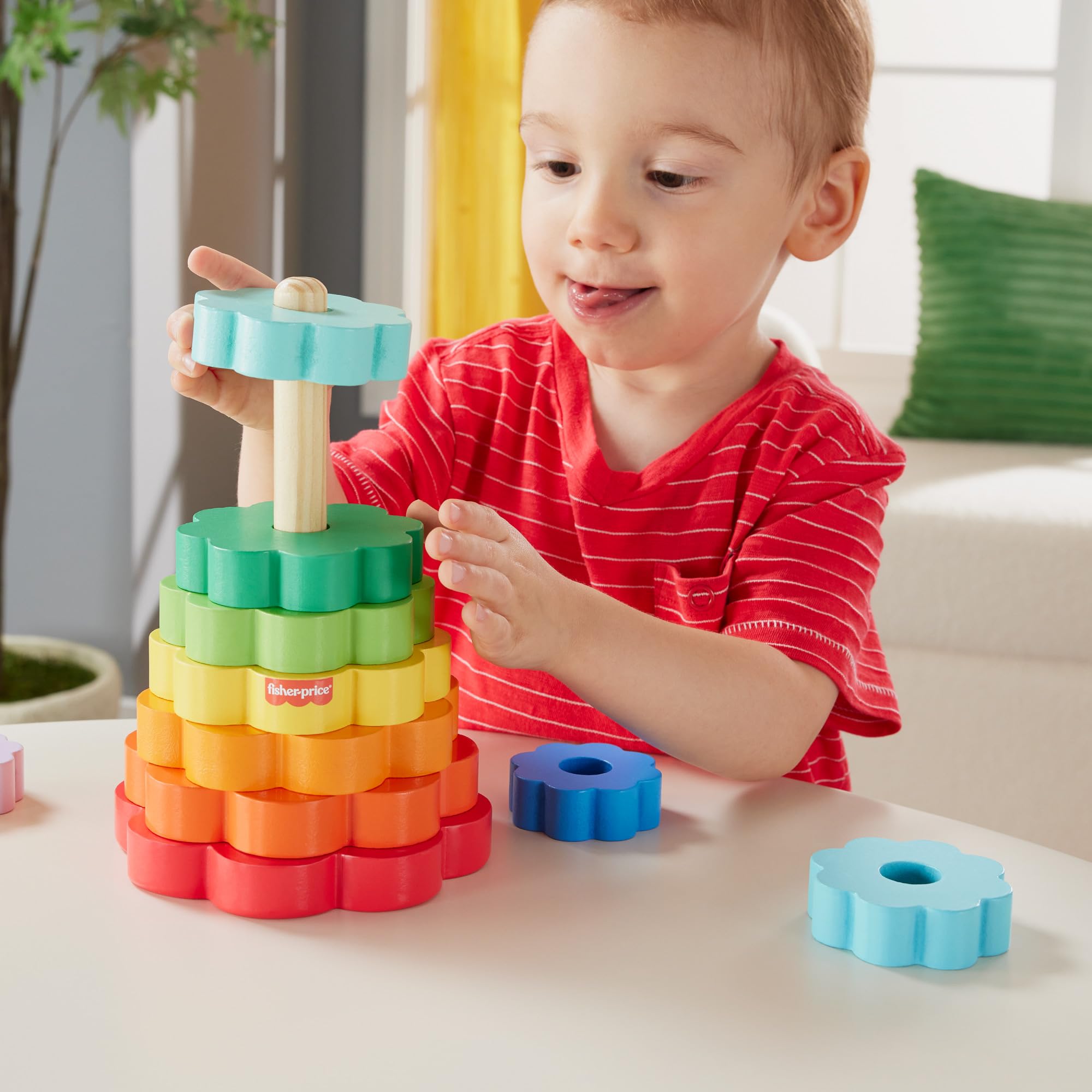 Fisher-Price Drewniana piramidka Kolorowe kwiatki Zestaw z 10 elementami do zabawy w układanie Zabawka drewniana dla dzieci od 18 miesiąca życia, HXT77