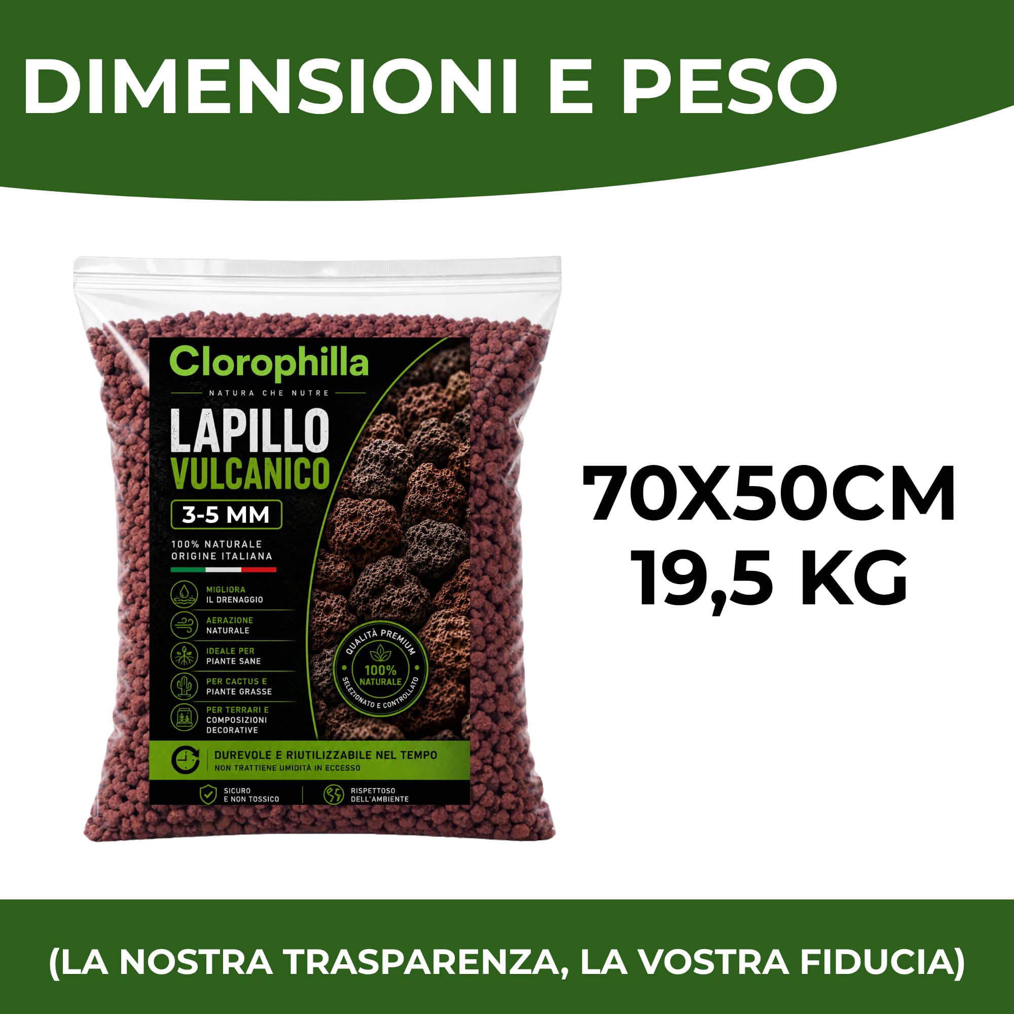 CLOROPHILLA Vulkanischer Lapillo für Pflanzen, 3/5 mm, verbessert Drainage und Zusammensetzung des Substrats, ideal für Bonsai, Sukkulenten und Garten – Made in Italy (50 Liter)