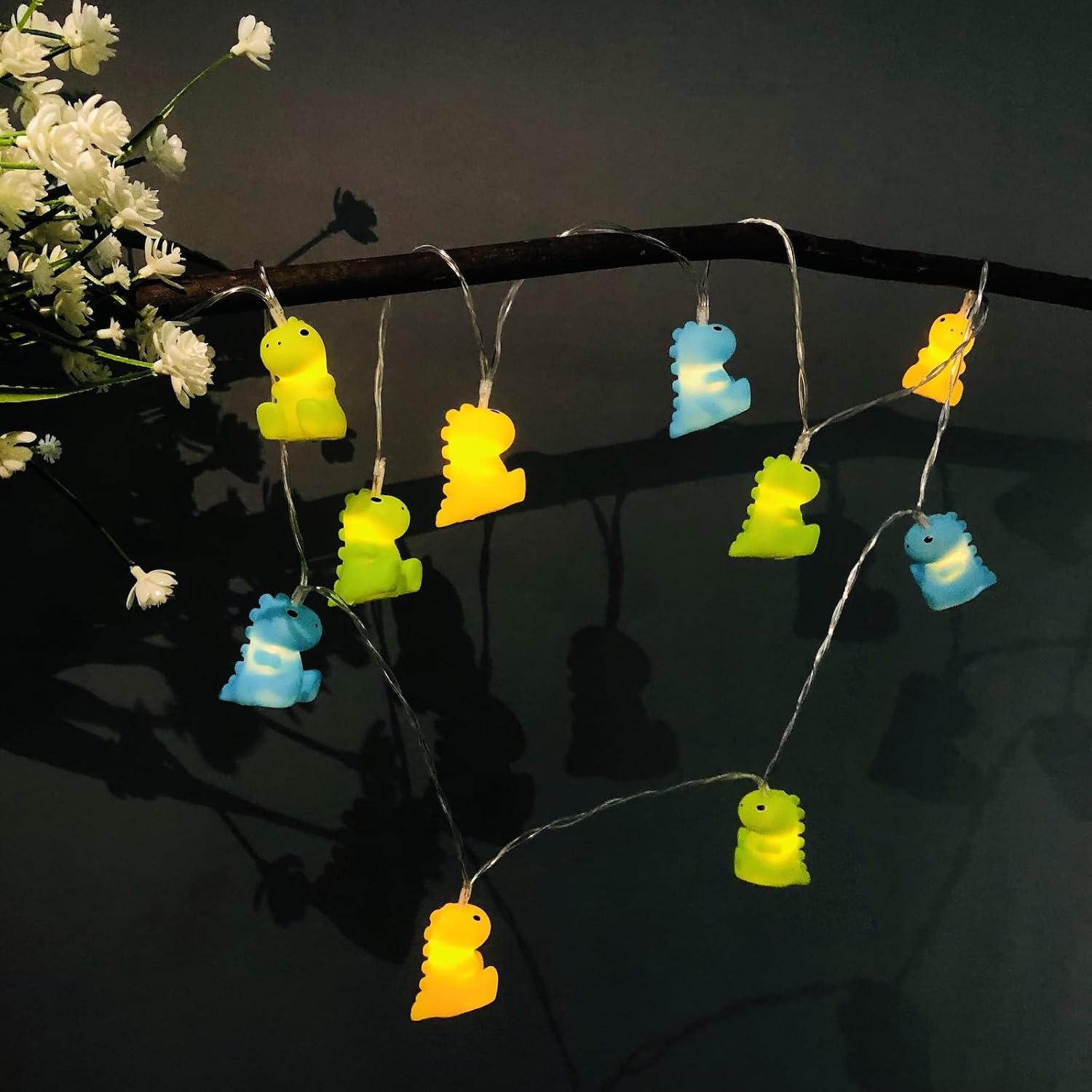 Dinosaur String Lights - Battery Powered 9.8ft Decorative LED String with 20 Lights - for Bedroom, Room Decor, Kids - Dinosaur Design - Green/Blue/Yellow (Timer Function)