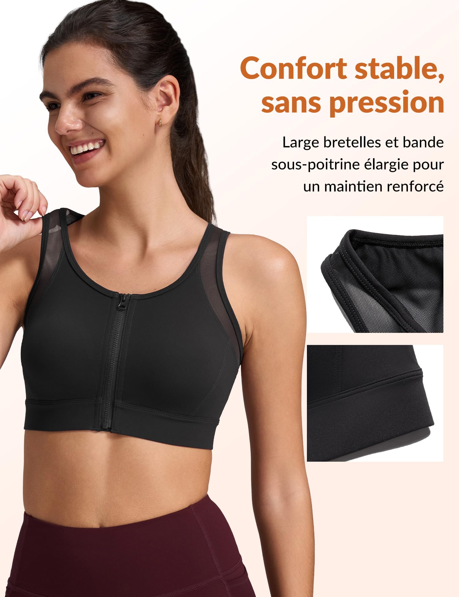Yvette Soutien Gorge de Sport Femme Zipper Haut Maintien Grande Taille Dos Nageur sans Armature Coques Intégrées Idéale pour Gym Fitness