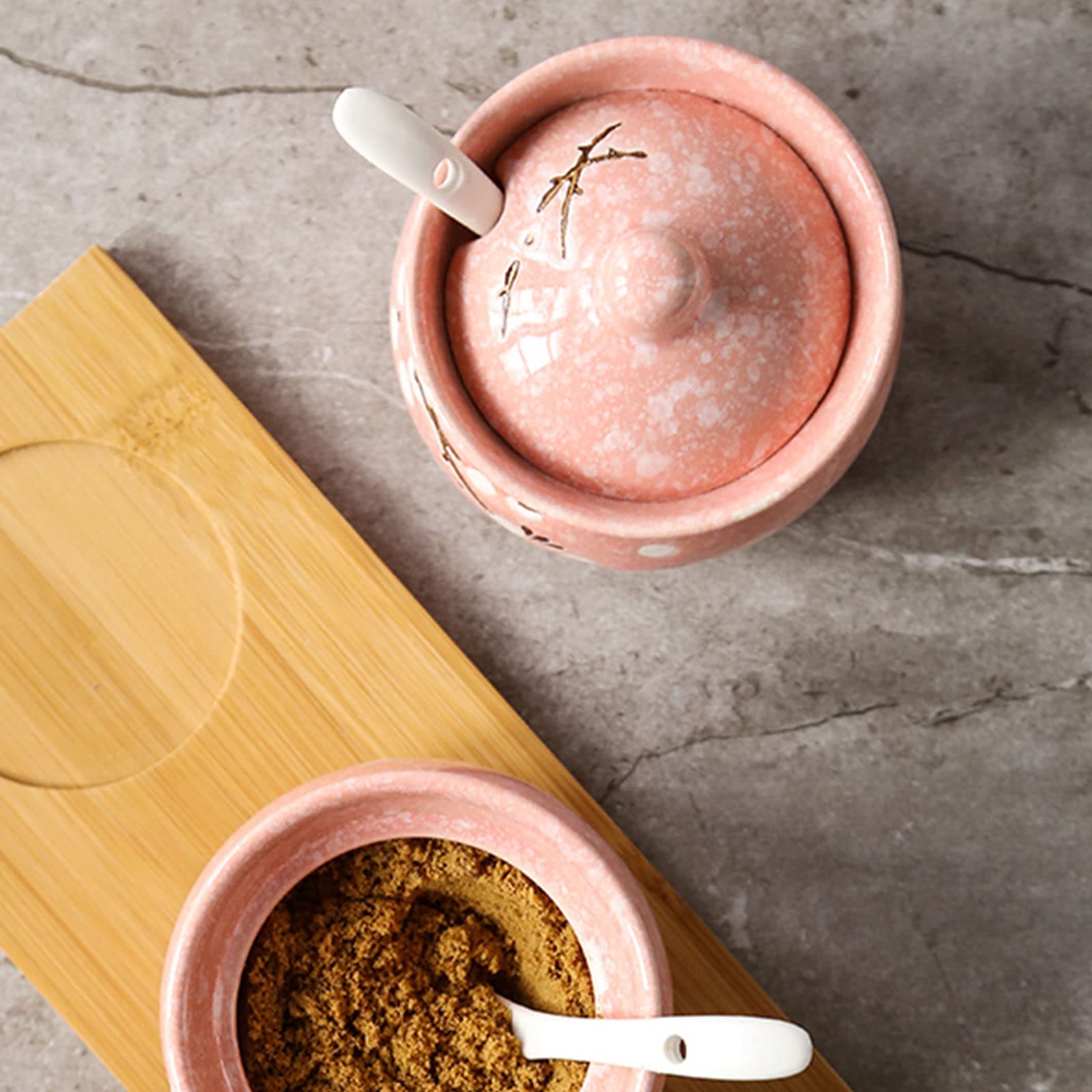 Sucrier en Fleur De Prunier De Style Chinois avec Couvercle Et Cuillère, Pot À Sucre en Céramique, Pot À Épices pour Récipient À Sucre, Pot À Sel, Boîte À Assaisonnement