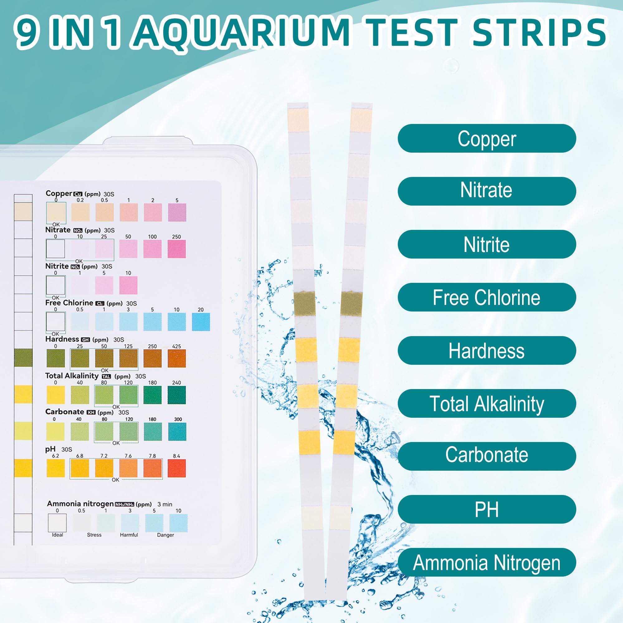 100 Pièces 9 en 1 Bandelettes de Test pour Aquarium, Test d'eau pour Aquariophilie, Bandelettes Test pour Ammoniac Azote Nitrate Chlore Libre Ph Nitrite Dureté Carbonatée Alcalinité Totale Cu