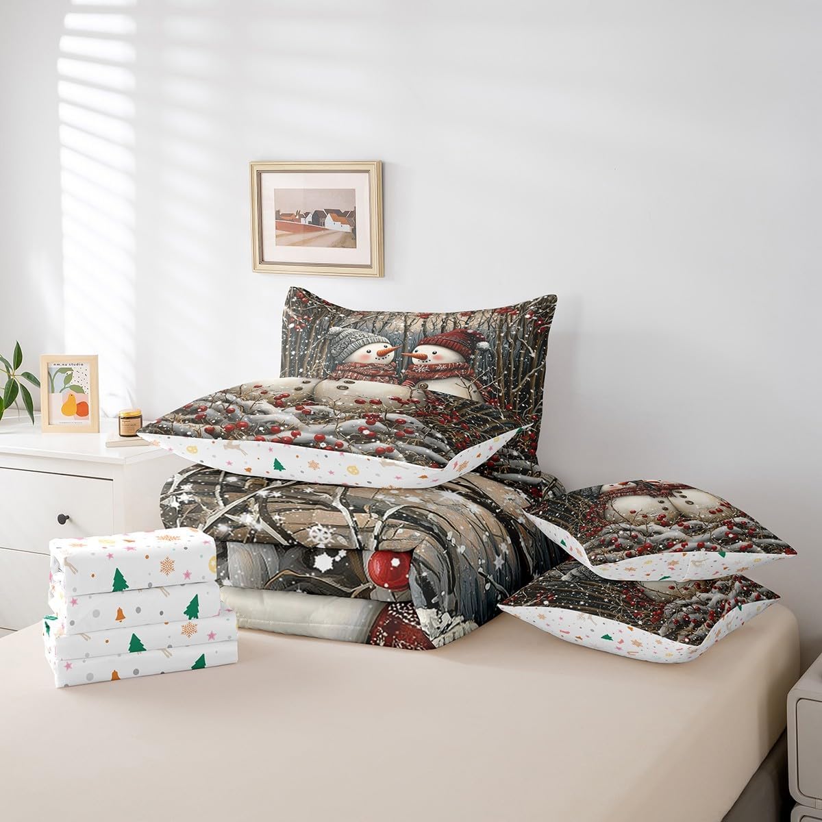 Feelyou Kids Christmas 7 Pieces Bedding Set King Size, Snowman Comforter Set with Sheets Snowflake Bed in A Bag Boys Girls Winter Teens Bed Set Bedroom Decor 7Pcs