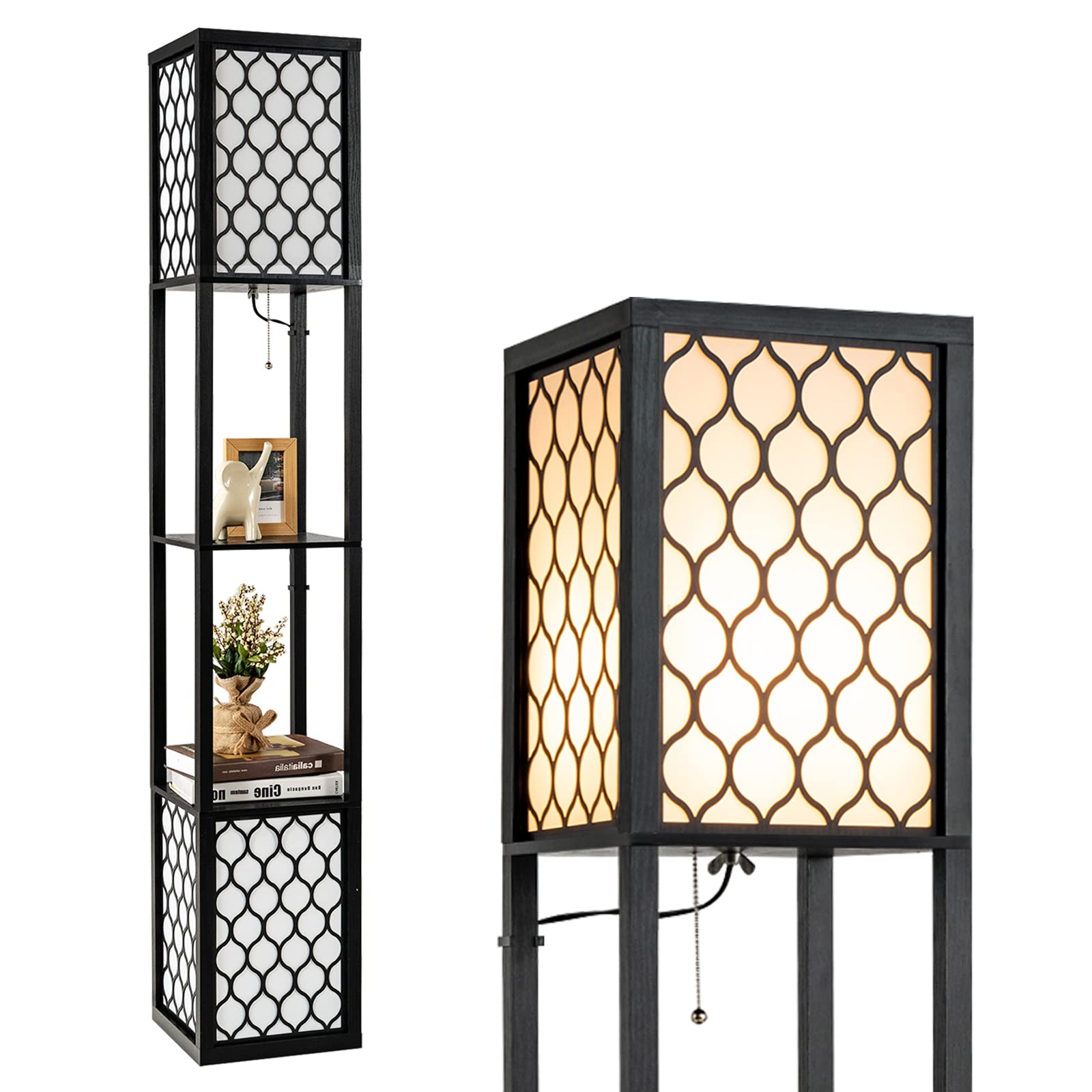 GiantexUK Wooden Floor Lamp, 2 Layers Shelf Tall Standing Light with White Lampshade, Modern Display Storage Reading Lamp for Bedroom, Living Room, Office and Home Decoration