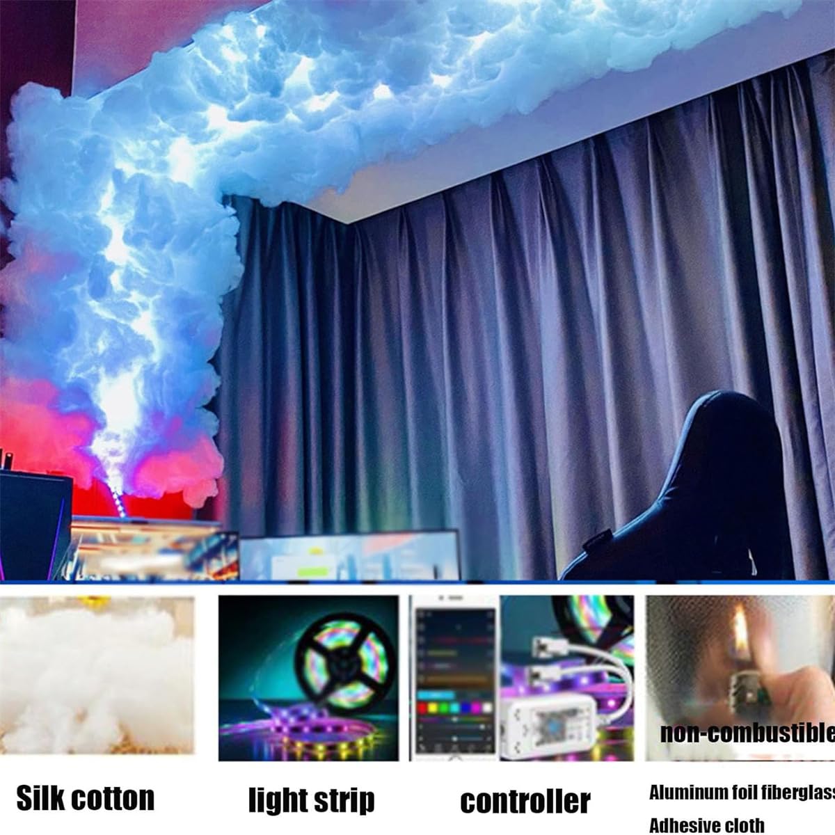 Zestaw oświetlenia LED 3D chmura burzowa lampa RGB, bawełniana taśma LED zsynchronizowana z muzyką, kreatywna lampa "zrób to sam" wielokolorowa, 5 m / 16,4 stóp