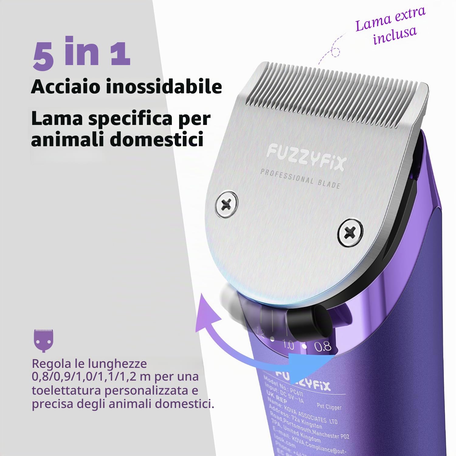 Tosatrice per cani professionale con lama di ricambio, kit per la toelettatura degli animali domestici senza fili con lama regolabile 5 in 1, rifinitore ricaricabile a 2 velocità