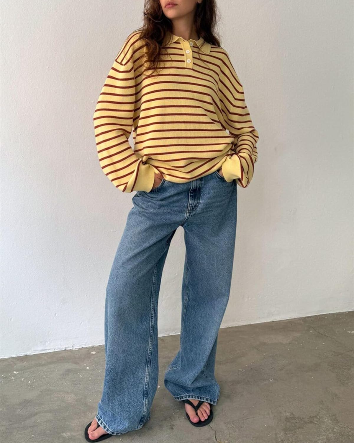 Oversized Striped Sweater for Women Collared Long Sleeve Preppy Polo Sweater Vintage Aesthetic Knitted Rugby Shirts - Image 4