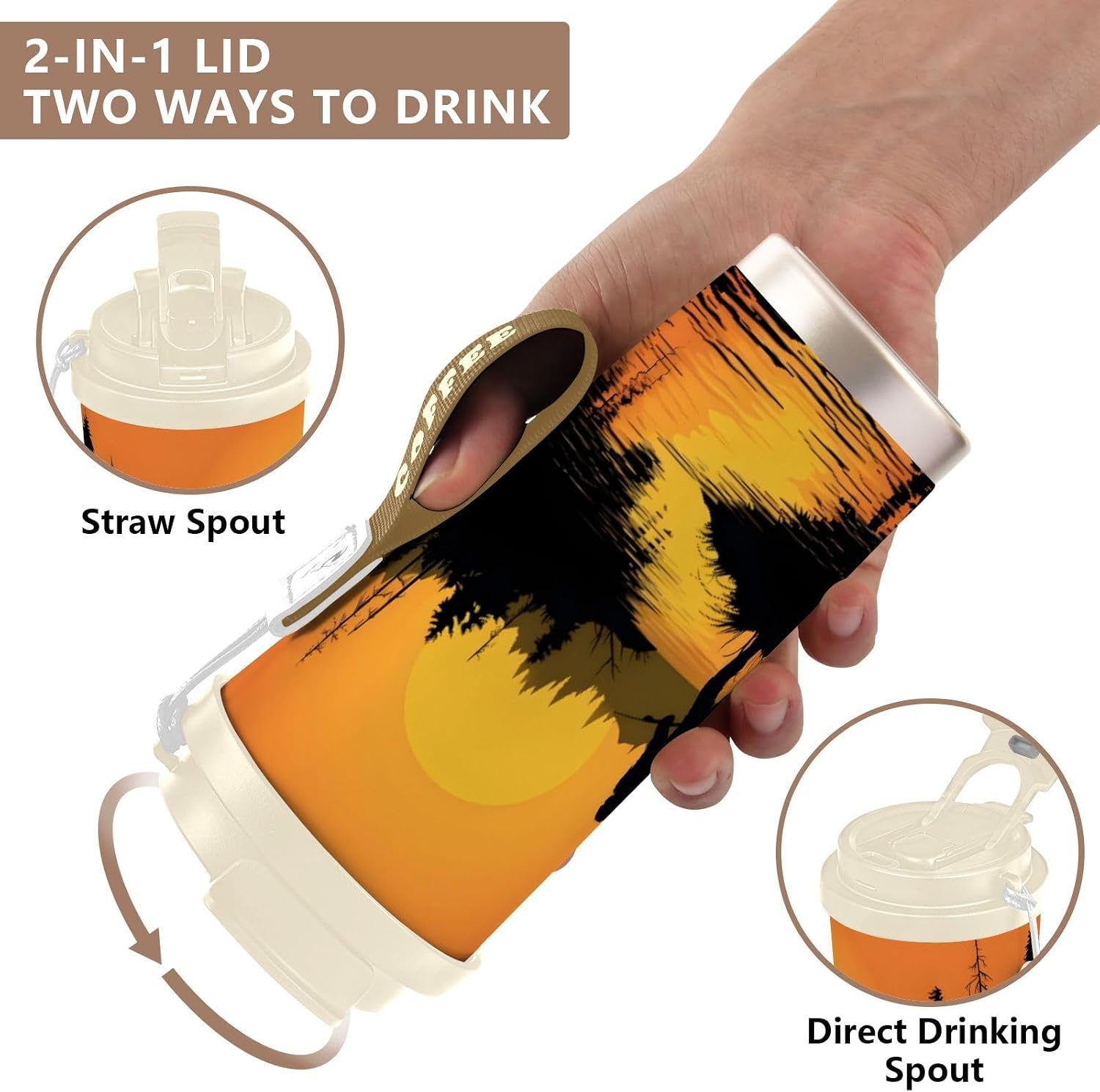 Sasquatch Sunrise Insulated Coffee Mug with Straw & Flip Lid, 16.9oz Iced Tumbler Cup, Double Wall Vacuum Mug for Travel Office