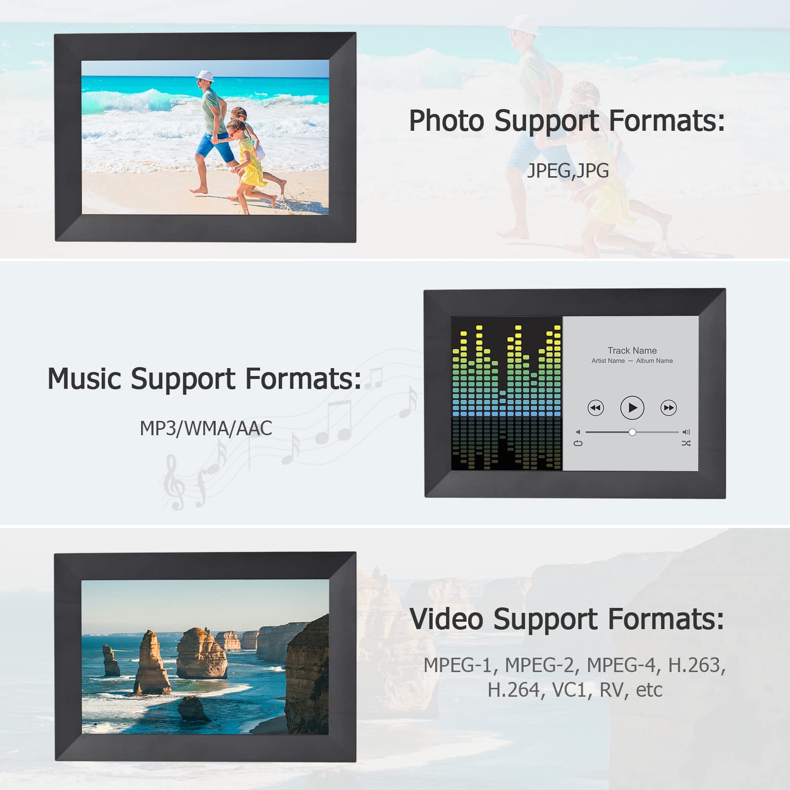 Andoer Cadre Photo Numérique, 10,1 Pouces Smart WiFi Cadre Photo Numérique, HD IPS Écran Tactile 1280 x 800 Photo 1080P Vidéo 16 Go Stockage Rotation Automatique Partagez des Photos Via App