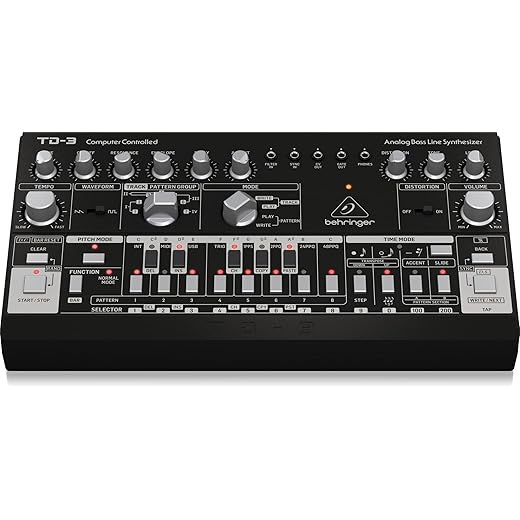 Behringer TD-3-BK Analog Bass Line Synthesizer with VCO, VCF, 16-Step Sequencer, Distortion Effects and 16-Voice Poly Chain, Compatible with PC and Mac