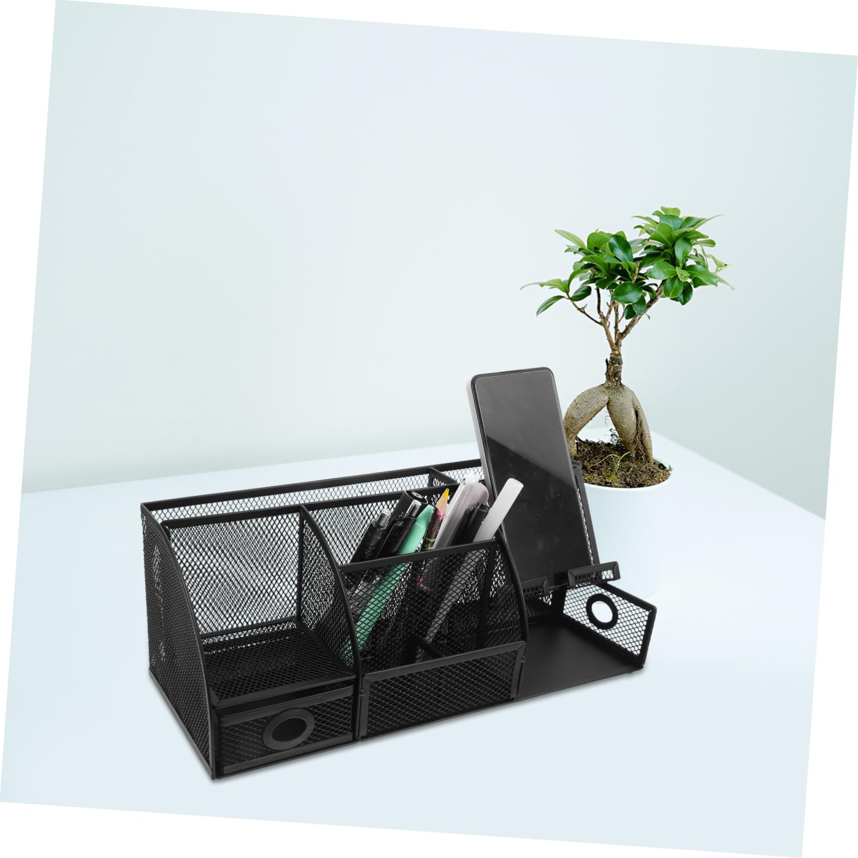 jojofuny Organizador de Escritorio Portalápices de Malla Metálica Grande 7 Compartimentos, Caja de Almacenamiento Multifuncional Negra para Oficina y Hogar