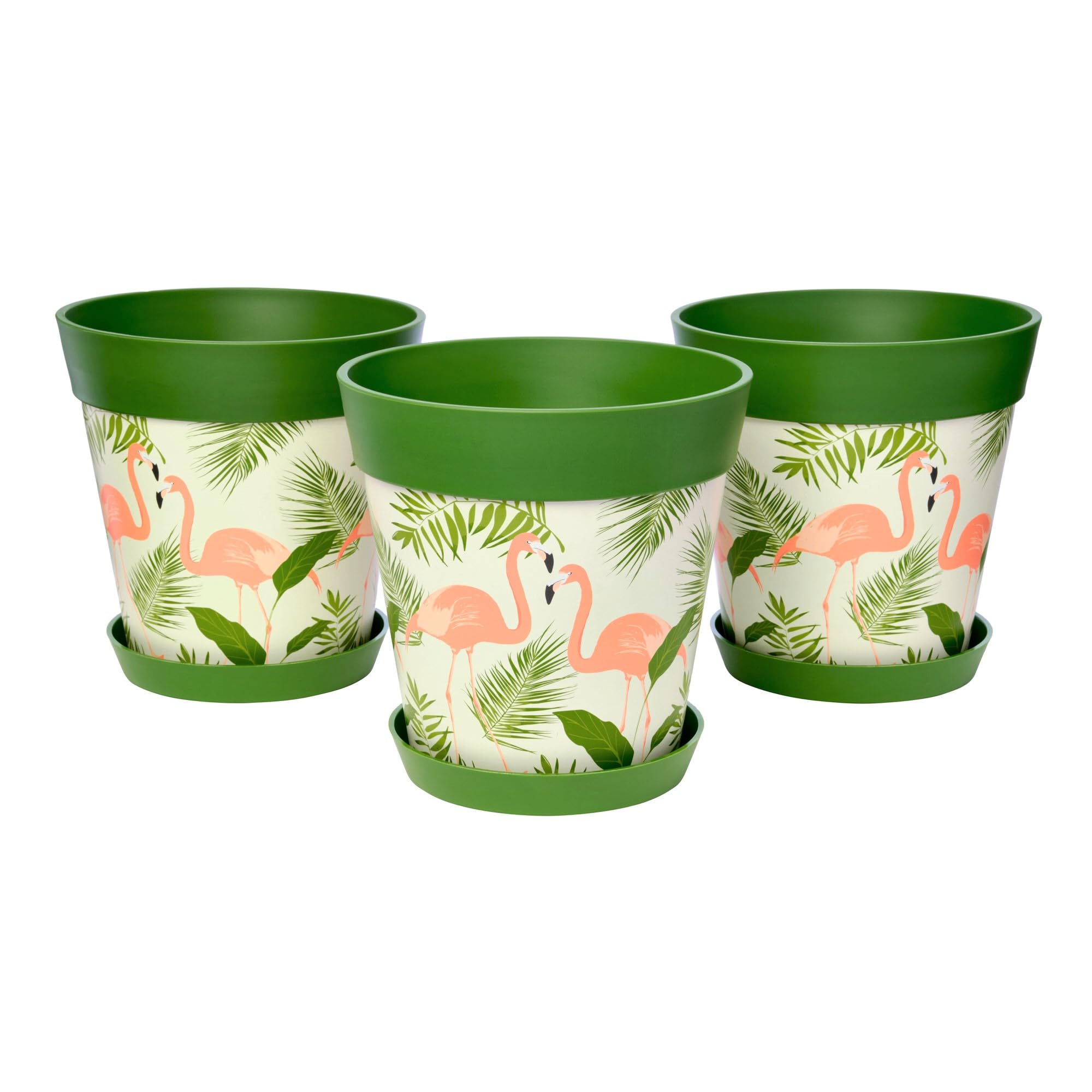 Hum Flowerpots Green Flamingos Set Of 3 Plastic, Indoor/Outdoor Plant Pots 22Cm Diameter And 3 Saucers 17Cm Diameter (Green Flamingos)