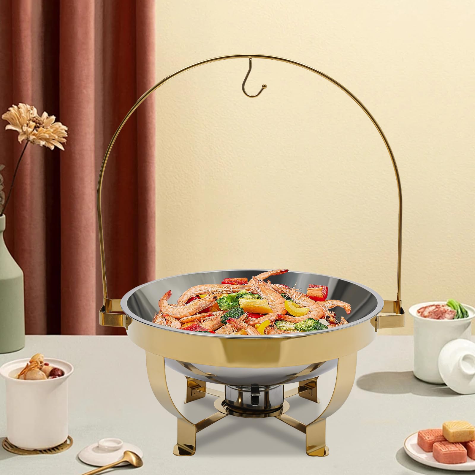 8L Gold Warmhalteplatte Speisewärmer Edelstahl Buffet Set Runde Chafing Dish Für Catering Bankett Hotel Partys Alkohol Betrieben Ohne Strom Groß 7.26QT Mit Deckel Haken