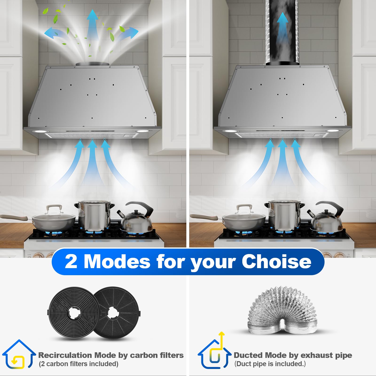 Cappa da incasso 52 cm, 400 m³/h Cappa da cucina, 3 velocità e Funzione Booster, Comandi Gesto, Tocco, Illuminazione a LED, Evacuazione dei condotti e ricircolo con filtro carbone attivo