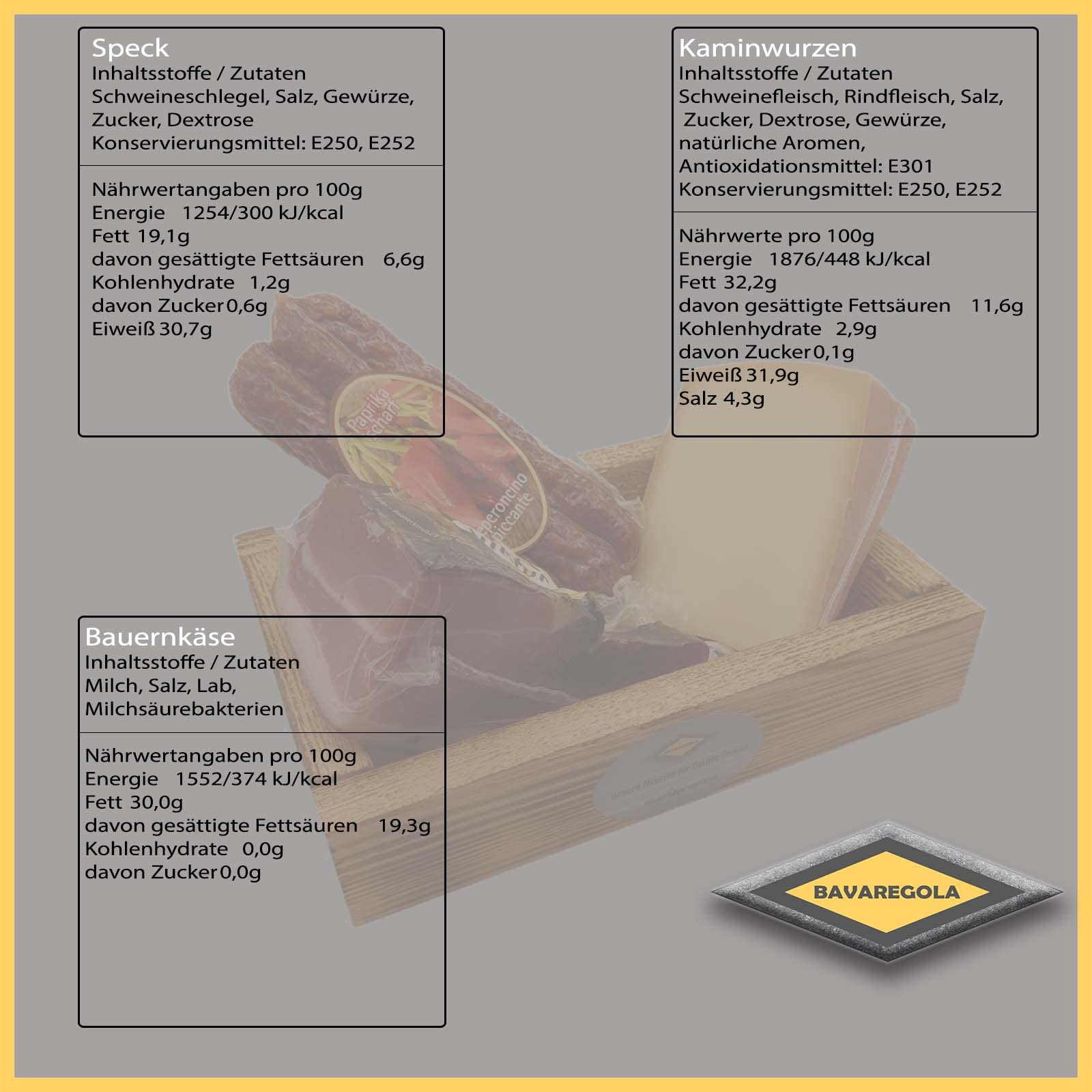 BAVAREGOLA Jausen Probierset - 3 Südtiroler Spezialitäten im Set - Südtiroler Speck, Käse & Kaminwurzen von Viktor Kofler/Lana - Genuss Geschenk für Männer & Frauen