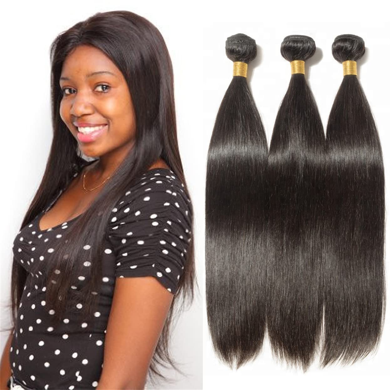 Straight Real Hair Extensions For Women 3 Bundles Set (8 10 10 Inches) 100g/Bundle Unprocessed Peruvian Human Hair Weave Natural Black Soft Smooth Doule Wefted Remy Hair Extensions Sew In Human Hair For Black Women