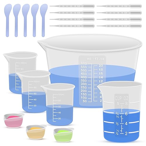 SWIGRANCE Silicone Resin Mixing Measuring Cups for Resin Supplies, 600ml/20oz Bowl, 250 & 100ml Thickened Reusable Silicone Cups for Epoxy Mixing, with Stir Sticks and Pipettes, Jewelry Making - 600+250+3*100ml