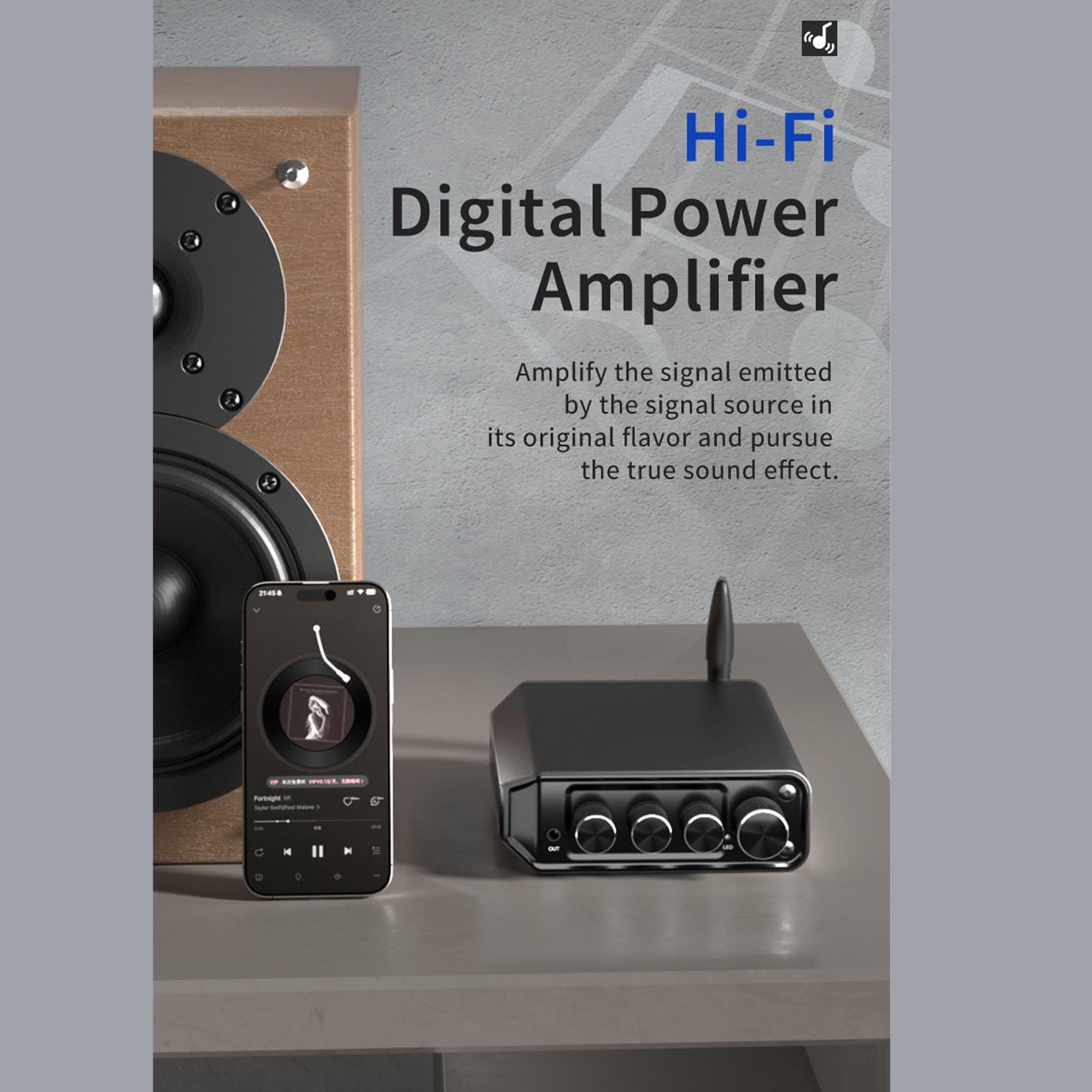 Amplificador estéreo Bluetooth 5.4 Audio HiFi 2 canales 50Wx2 Entrada USB AUX Sonido claro Carcasa de metal para cine en casa Amantes de la música Aleación de zinc 110x140x38mm