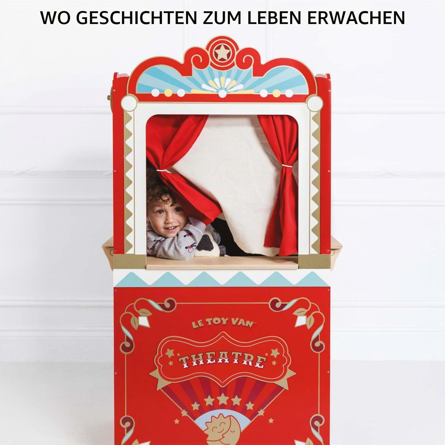 Le Toy Van - TV333 - Lernspiel ab 3 Jahren, große Holzpuppe und Puppentheater, 122 cm hoch, Montessori-Spielzeug, mit Wendeschild, 2 Tafeln, Vorhang mit echten Vorhängen