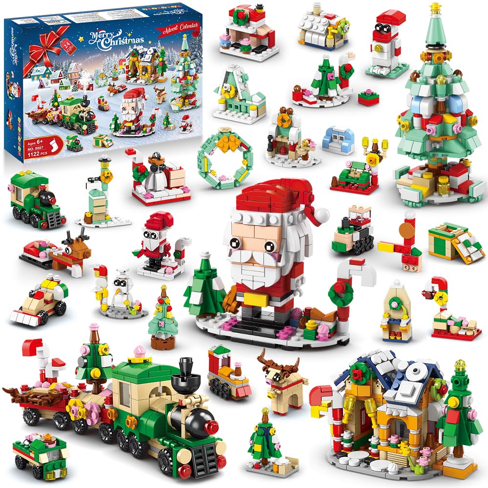 HOGOKIDS2024 Advent Calendar Christmas Building Set - 24 Collectible Surprises for Kids Christmas Toys Countdown Playset Includes Santa Claus Tree Train Nutcracker Blocks Boy Girl 6-12 Year(1122 PCS)