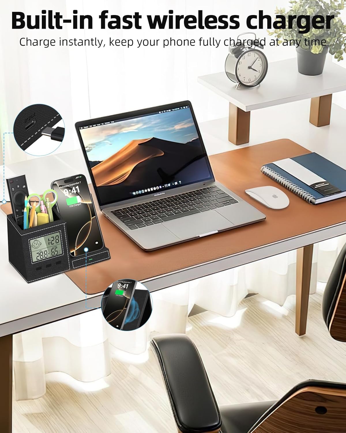Multifunctional Pen Holder and Organizer for Desk with Wireless Charger, Digital Indoor Thermometer and Humidity Gauge, Home Office Organizers and Storage (Battery Included)