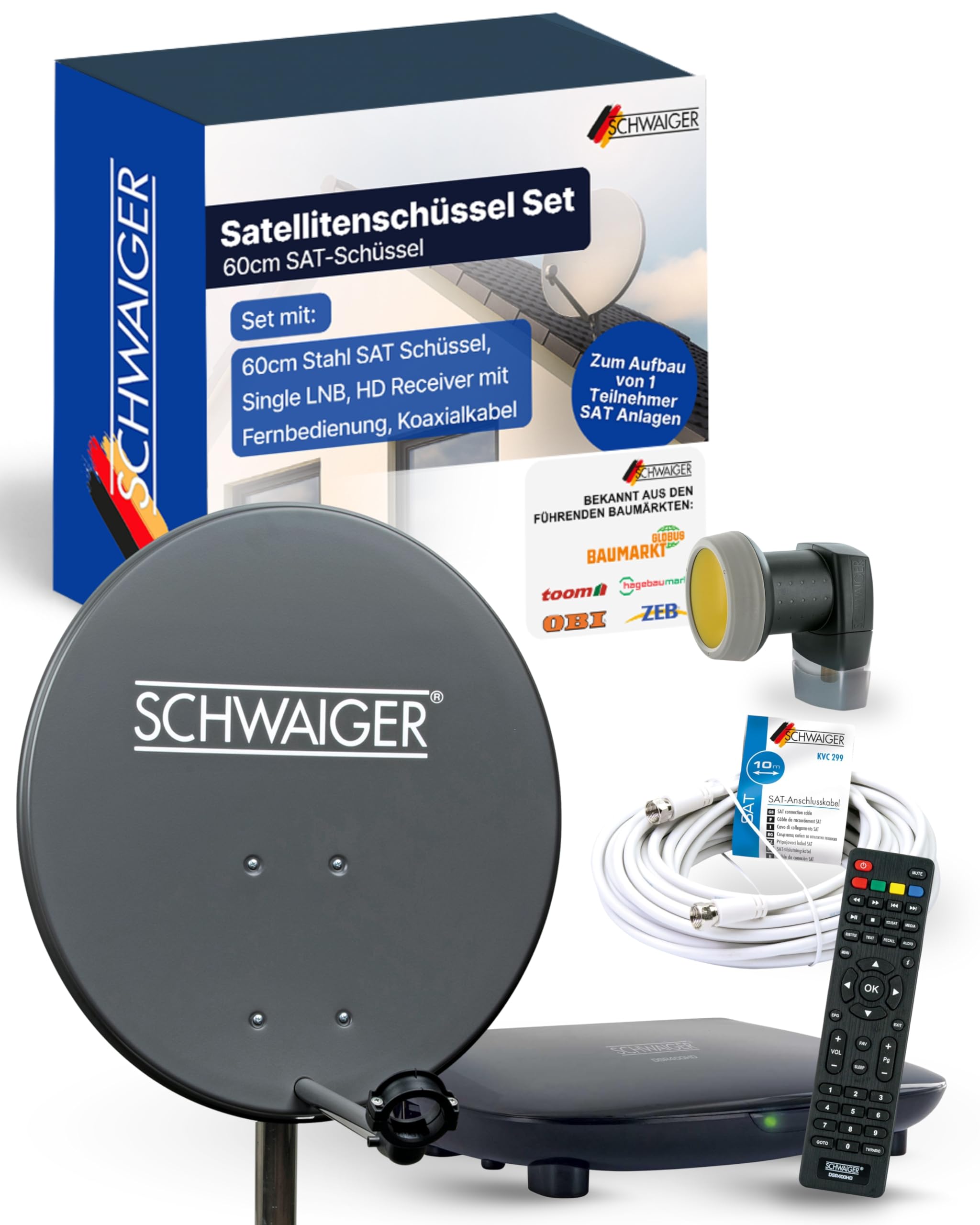 SCHWAIGER Satellitenschüssel Komplettset I Ø 60 cm Stahl Offset Antenne in anthrazit I Inkl. sonnengeschütztes Single LNB, HD SAT-Receiver mit Fernbedienung & Koaxialkabel I Digital HD Empfang