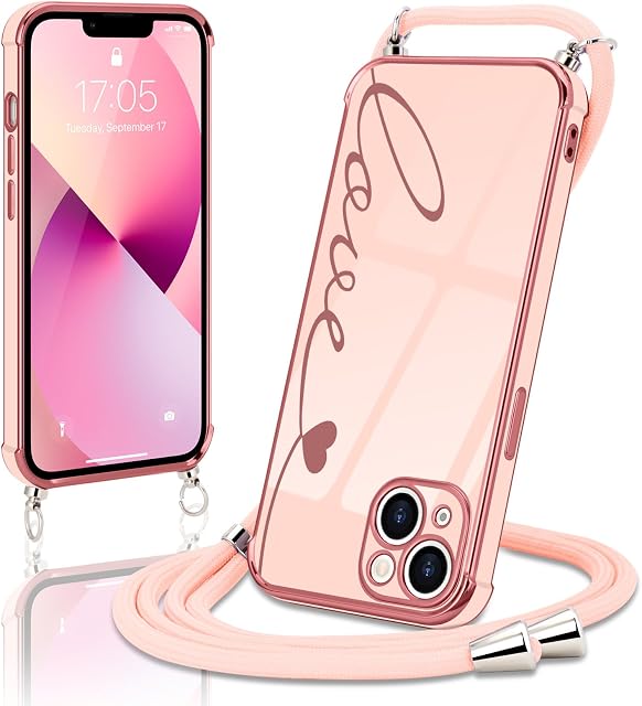 Micoden Etui na telefon komórkowy iPhone 13 na szyję, z taśmą, etui na telefon komórkowy, do zawieszenia, ochrona aparatu, serce, wzór miłości, galwaniczne, silikonowe, odporne na uderzenia, różowe