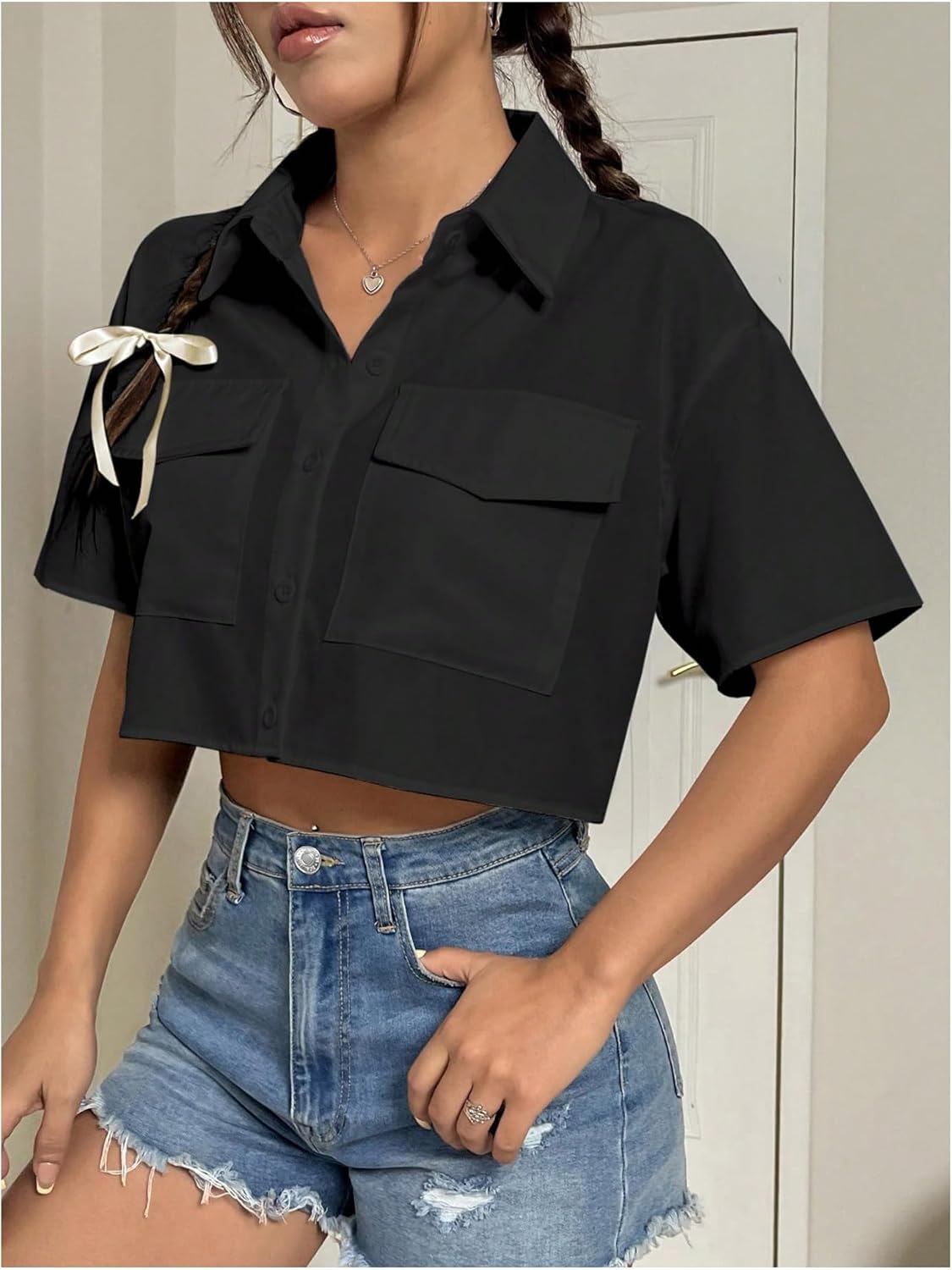 MakeMeChic Women's Cropped Button Up Shirt Short Sleeve Collar Shirts Blouse Crop Tops - Image 4