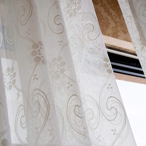 Miniatura 3 de Cortina de encaje beige transparente de 84 pulgadas de largo con bolsillo para barra, cortina de gasa bordado jacquard diseño floral europeo para
