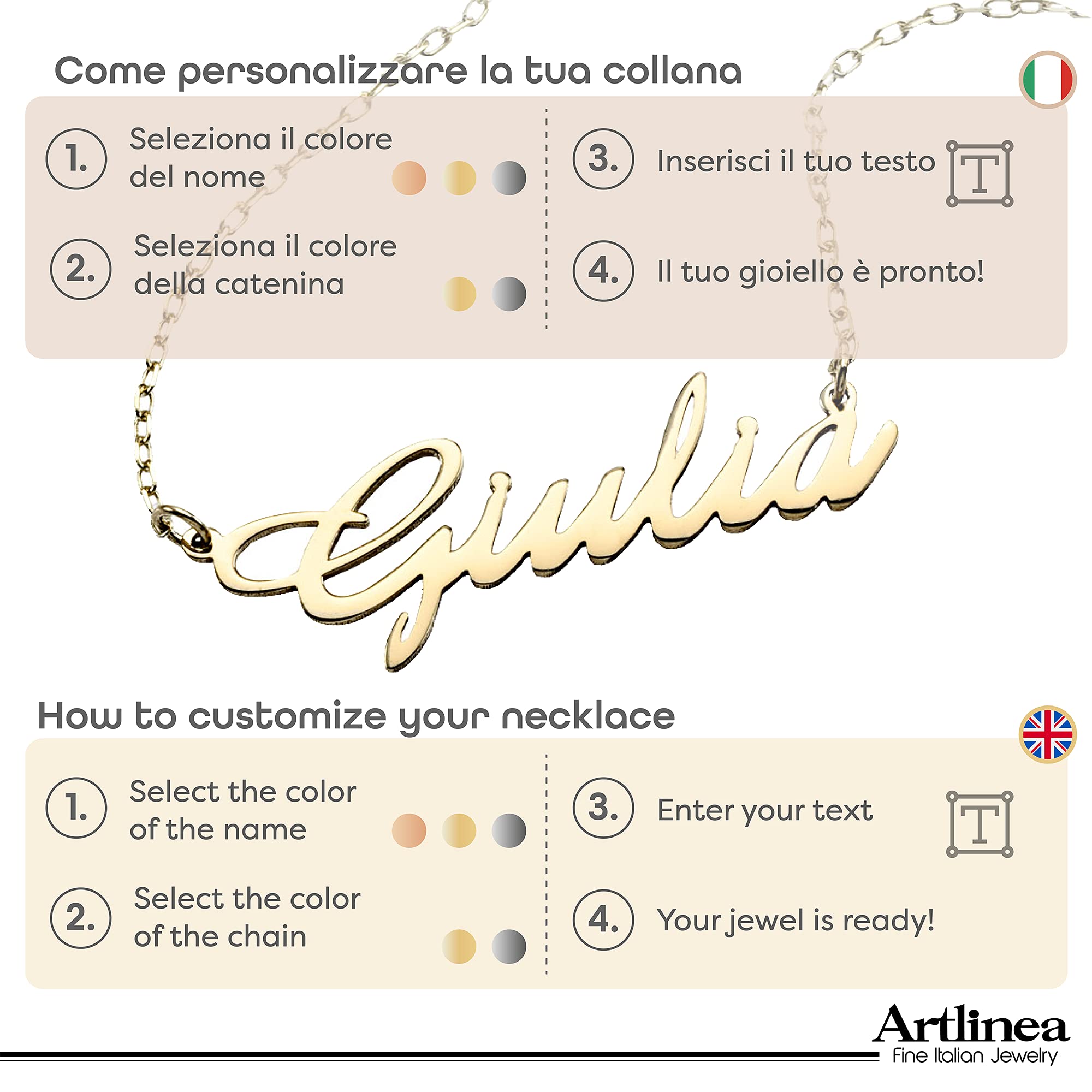 Artlinea, Collana Personalizzabile con il Tuo Nome in Carattere Corsivo, Varie Dimensioni, Lunghezza Catena 43 cm, Chiusura a Moschettone, Oro, Argento, Oro Rosa, Made in Italy