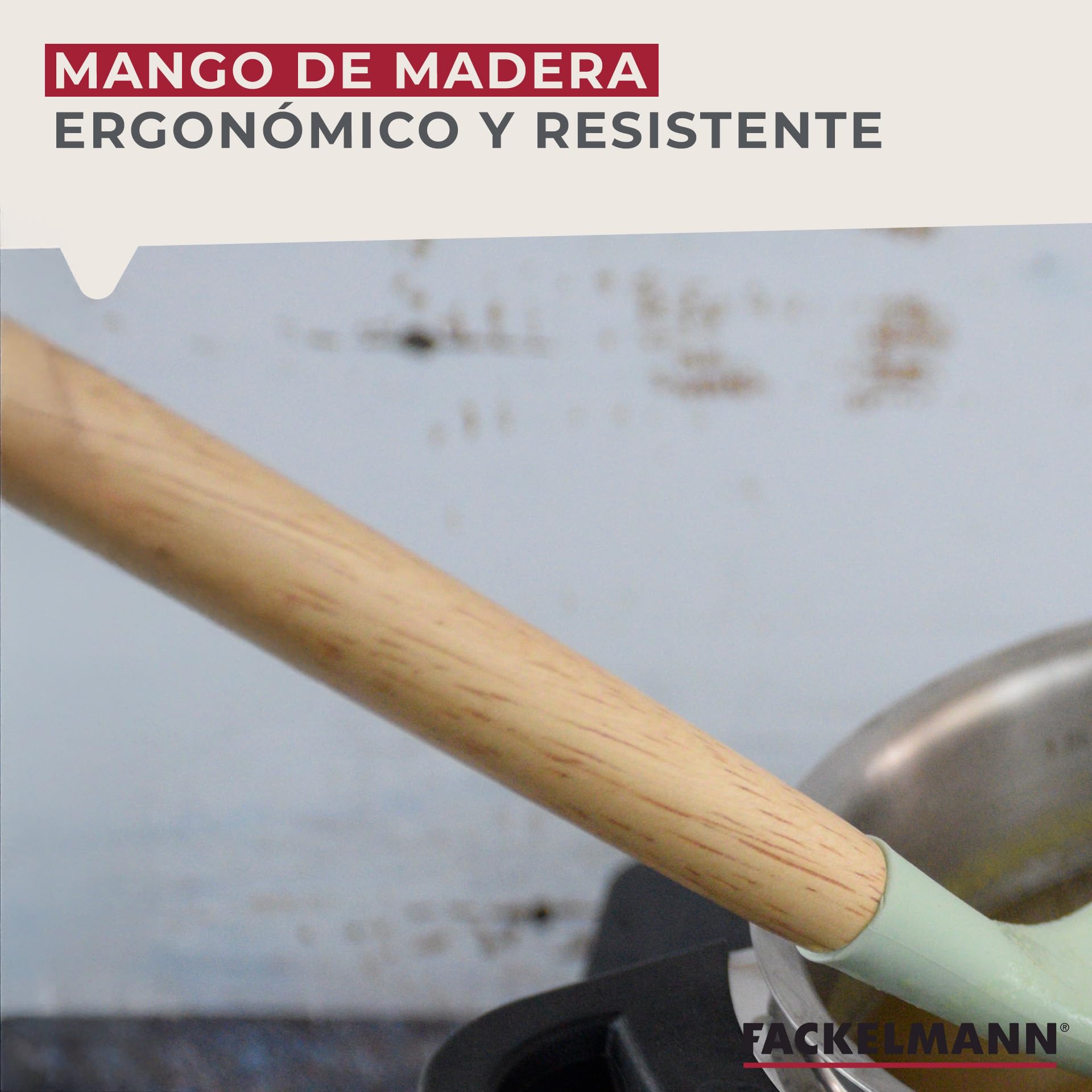 Fackelmann Ocean Espumadera de Silicona, Núcleo Rígido de Acero, Mango de Madera Antideslizante y Ergonómico, Apta para Freír y Espumar, Apta para Lavavajillas, 32x8 cm, Verde Agua, 1 ud.