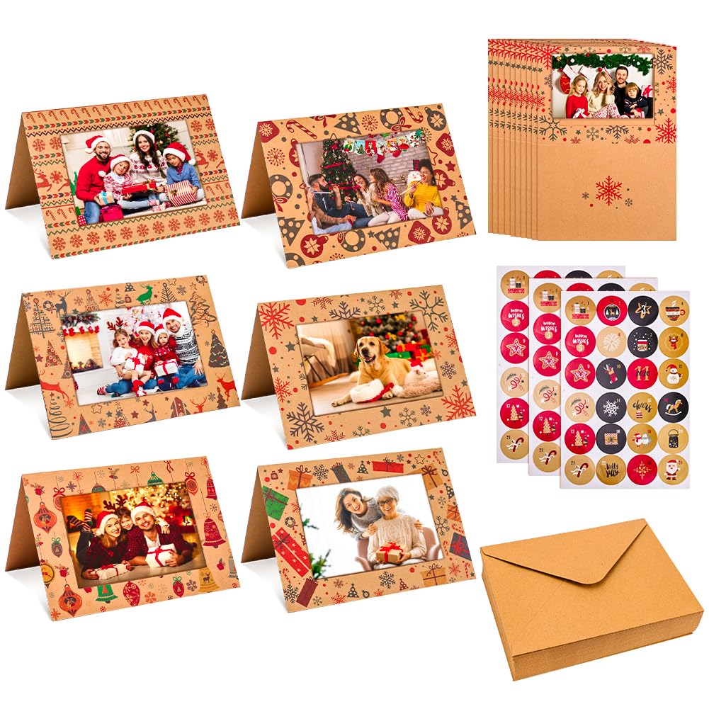 Eforcase Set mit 60 Weihnachts-Bilderrahmen, Grußkarten mit Umschlägen, Aufklebern, Weihnachtskarten, Sortiment, 10,2 x 15,2 cm, Fotoeinsatz, Bilderrahmenhalter für Weihnachten, Urlaub, Grußzubehör
